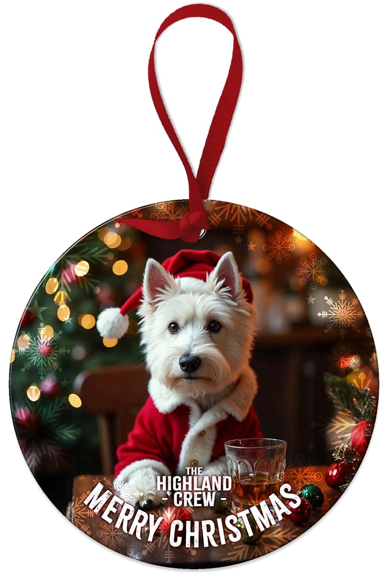 Round Metal Dangler Ornament Sign (75 mm Diameter) - The Highland Crew (Xmas Westie)