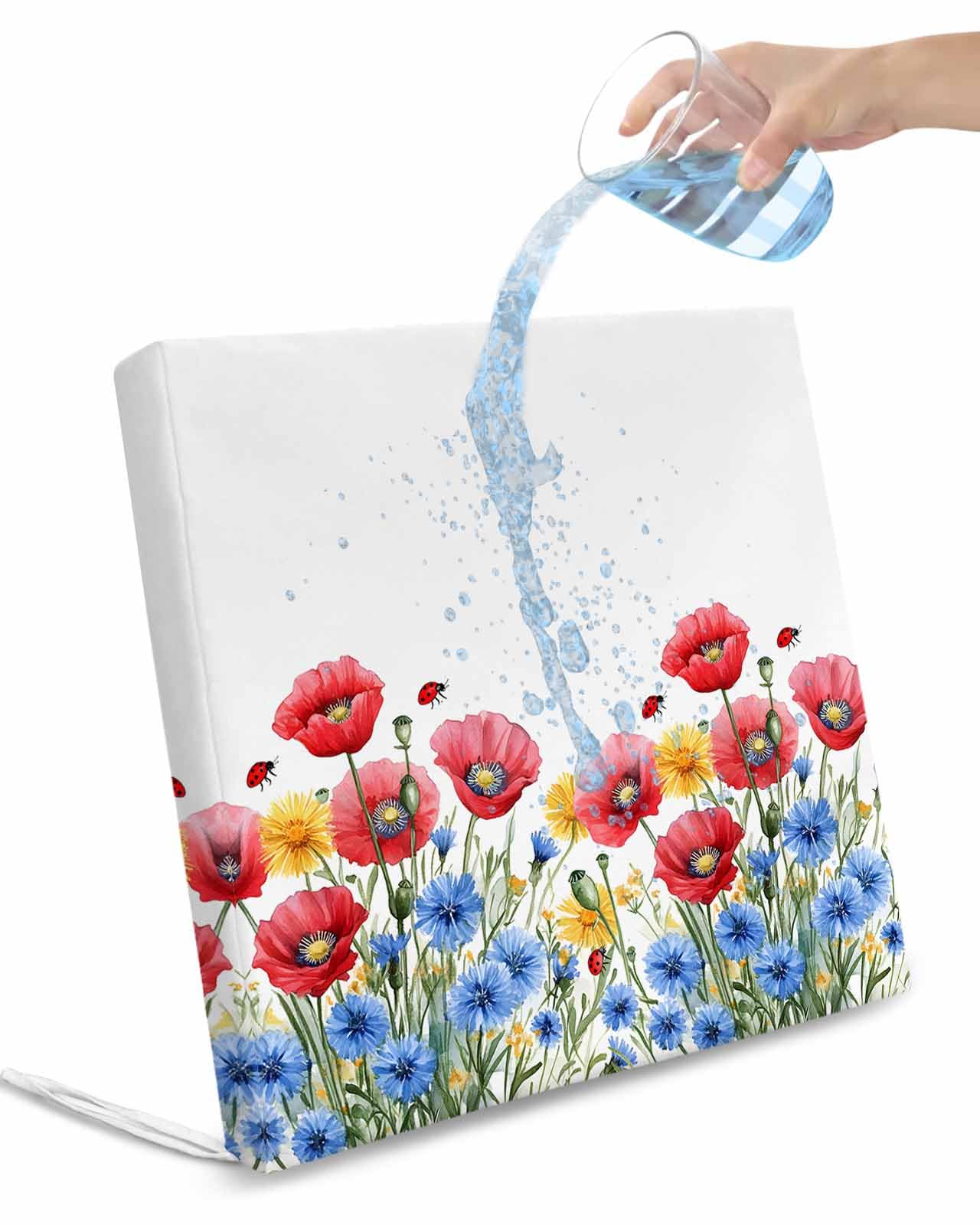 2 Pack Red Blue Floral Waterproof Cushion Covers with Ties, Outdoor Patio Chaise Lounge Chair Seat Cushion Slip Covers Replacement(Only Cover) Independence Day Watercolor Wildflower 24