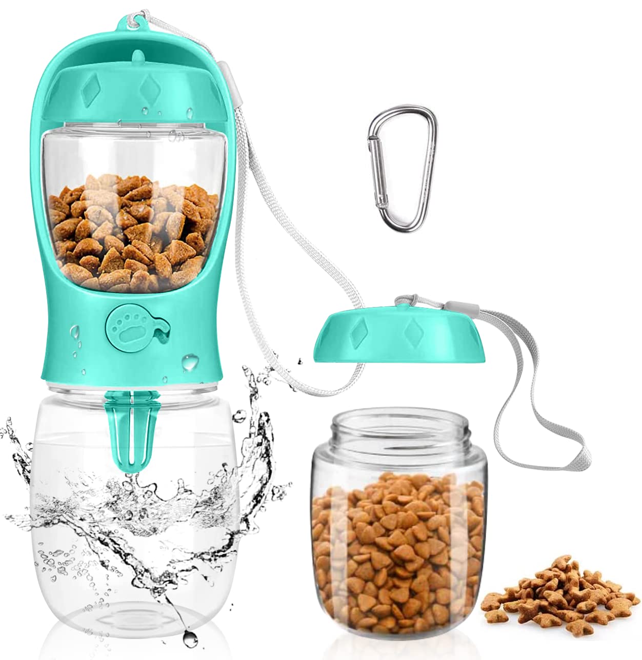 MYOWELL Tragbare Trinkflasche Hunde - 550ml Hundetrinkflasche für Unterwegs mit 100g Hundefutter Becher, für Große Kleine Hunde Leckdichte Wasserflasche