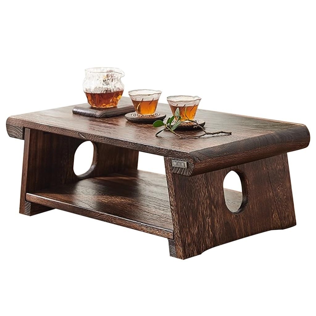 Table Basse Japonaise 70x35cm avec Étagère Table d'Appoint Pliable en Bois