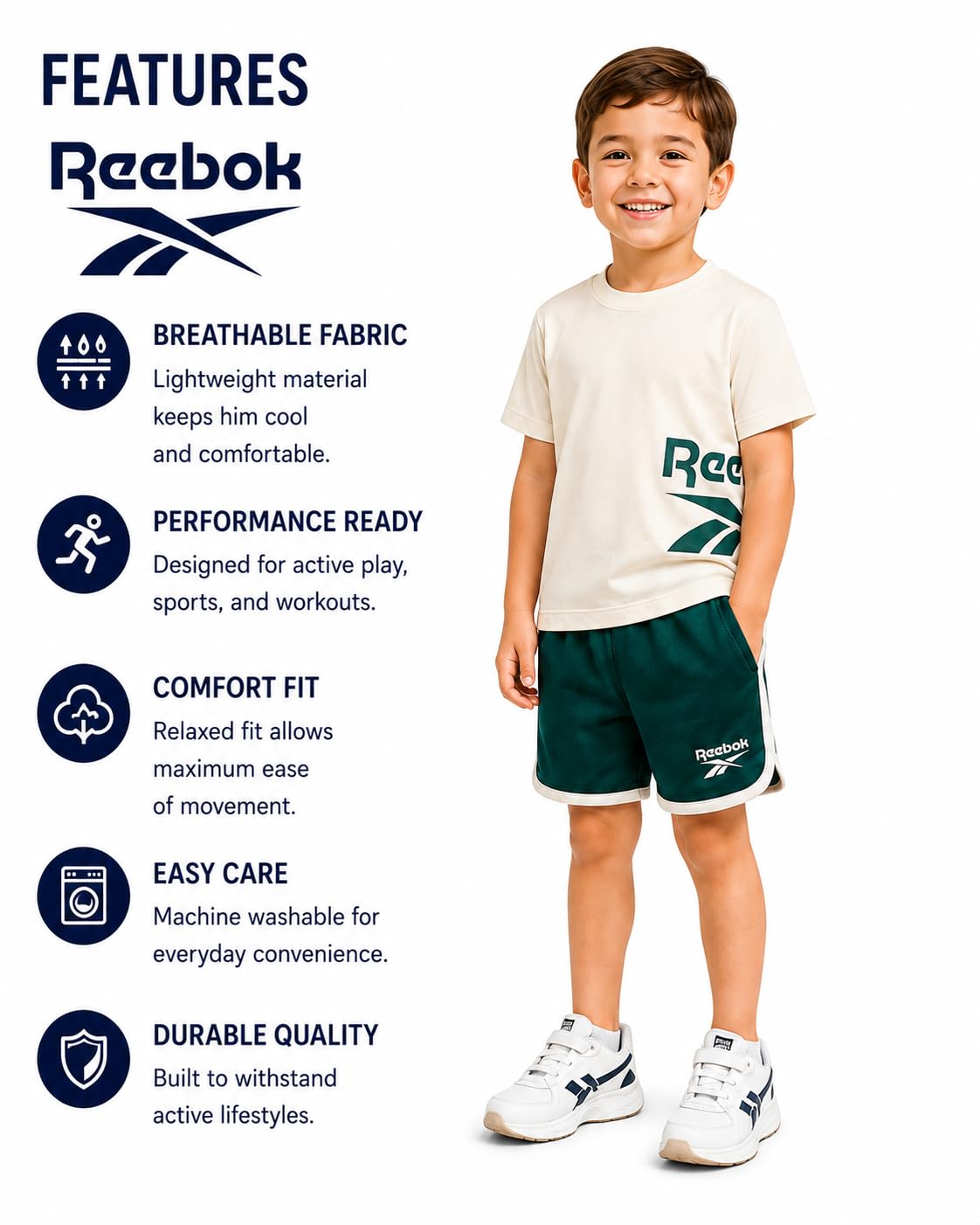 Reebok Set di pantaloncini da bambino, 3 pezzi, vestito estivo con 2 magliette e pantaloncini, abbigliamento sportivo per bambini e bambini piccoli