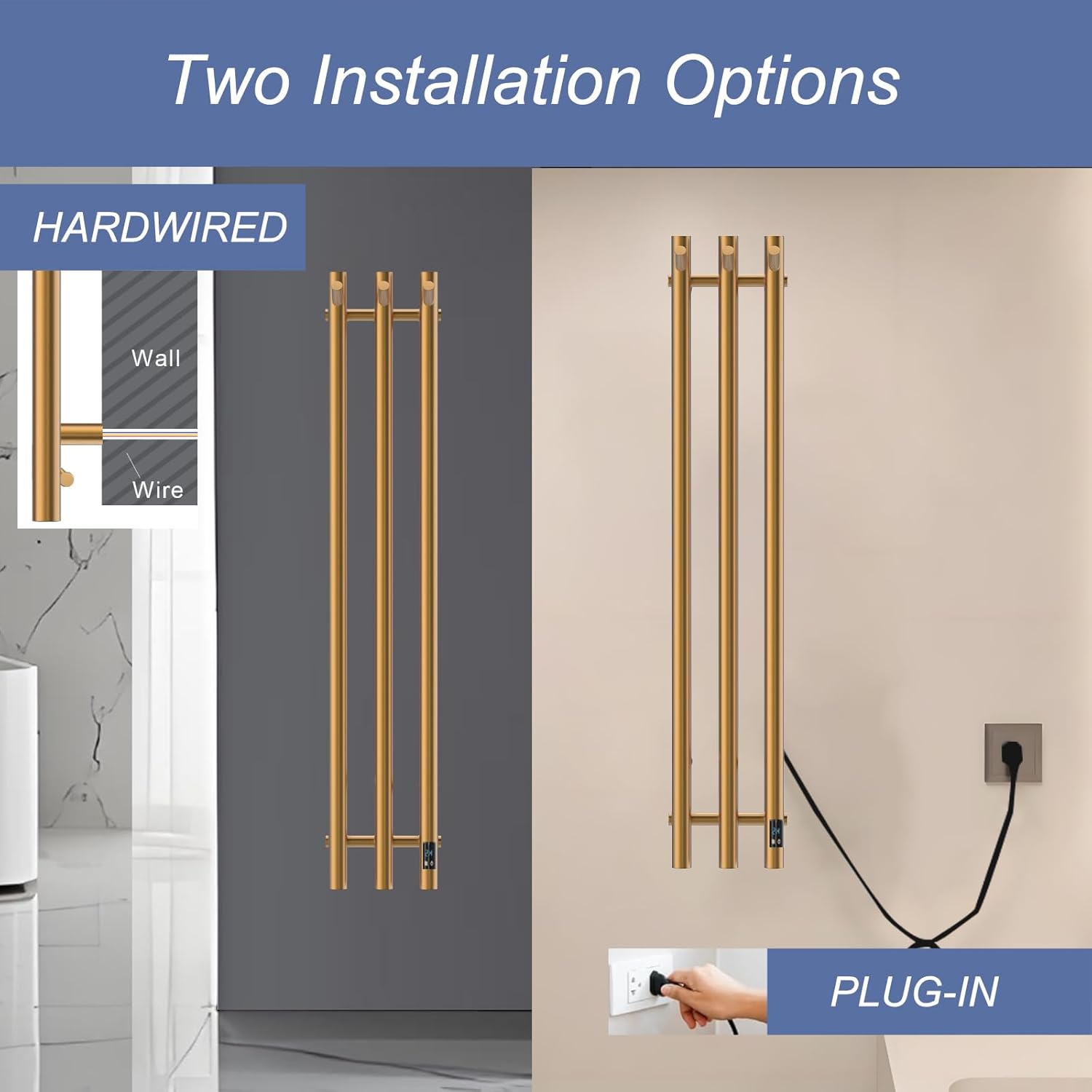 Electric Heated Towel Rack with Timer, Wall-Mounted Towel Warmer, 3 Vertical Bars, Plug-in or Hardwired, 37.4 Inch Height, Round Design (Gold)