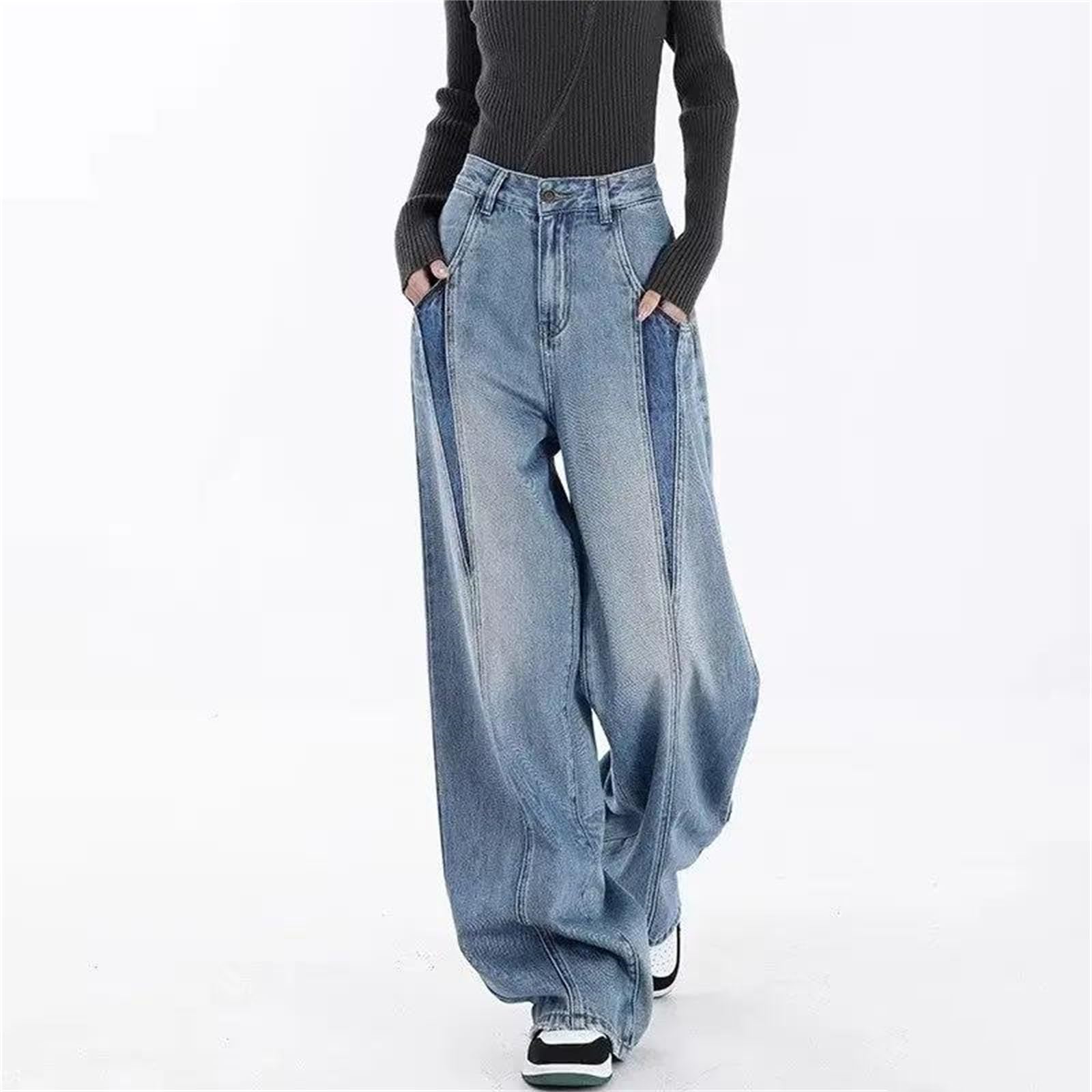 Pantalones vaqueros de pierna ancha para mujer, diseño de retazos, ajuste holgado, rectos, casuales, estilo urbano
