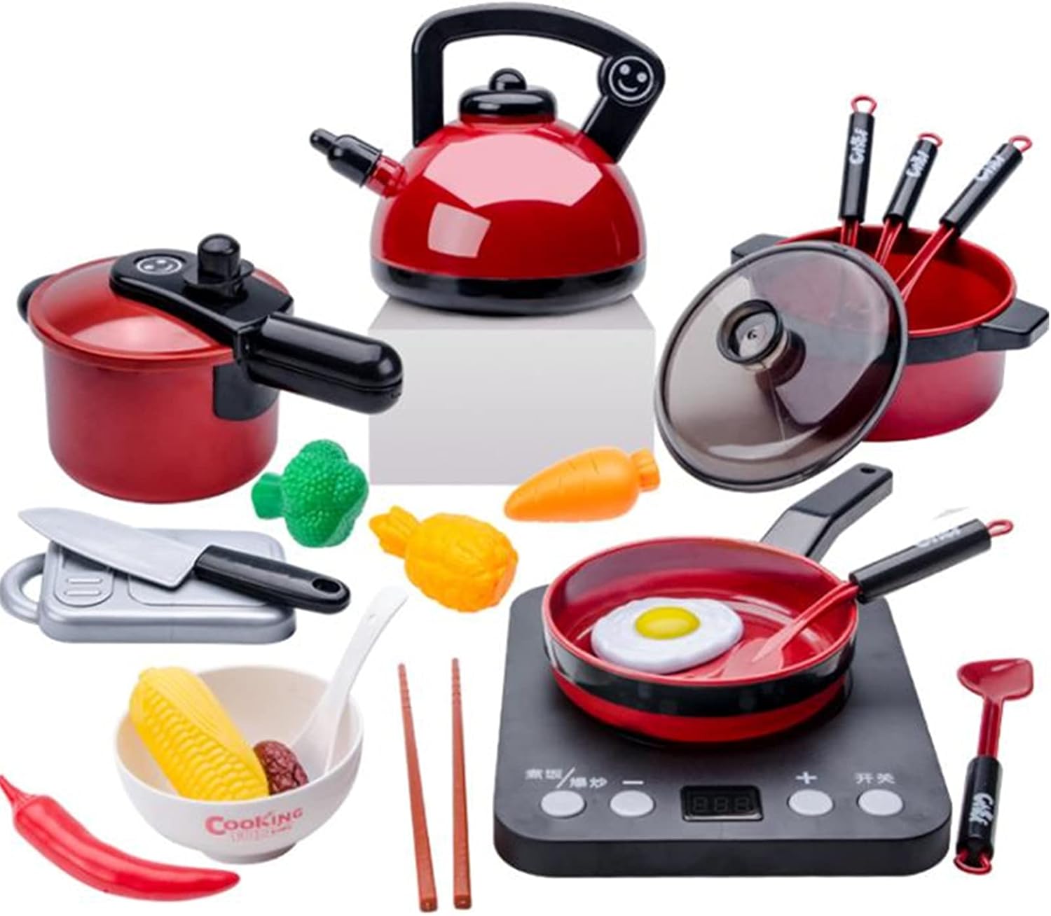 مجموعة العاب مطبخ للاطفال من 49 قطعة من سوفام. مجموعة لعب للاطفال مكونة من اواني ومقلات ومشواة وقطع طعام وخضروات للعب وملحقات المطبخ للبنات والاولاد والاطفال الصغار