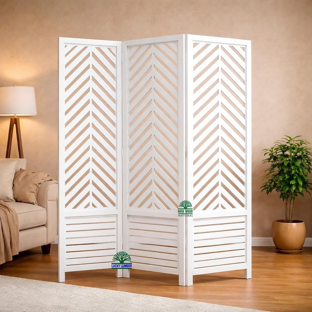 Lucky Lumber 3 Panel Wooden Room Divider Partition Screen | Foldable Decorative Privacy Panel Separator for Living Room, Bedroom, Office & Hall | White-image-45