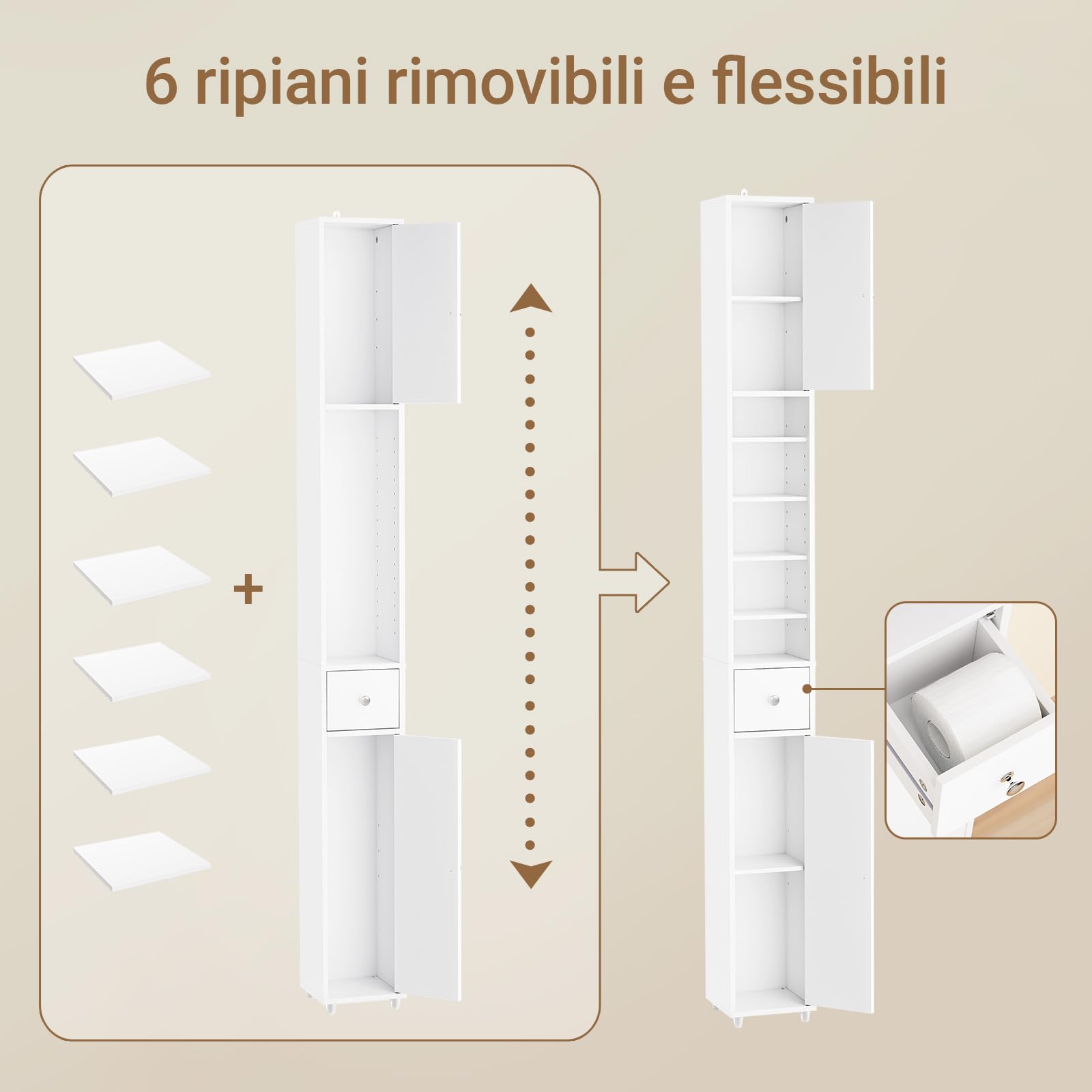 SoBuy Mobile Bagno Alto e Stretto, Mobiletto Bagno Salvaspazio Mobiletto a Colonna da Terra con Ripiani Regolabili e Cassetto Armadietto per WC e Lavanderia 20×20×180 cm Bianco BZR34-II-W