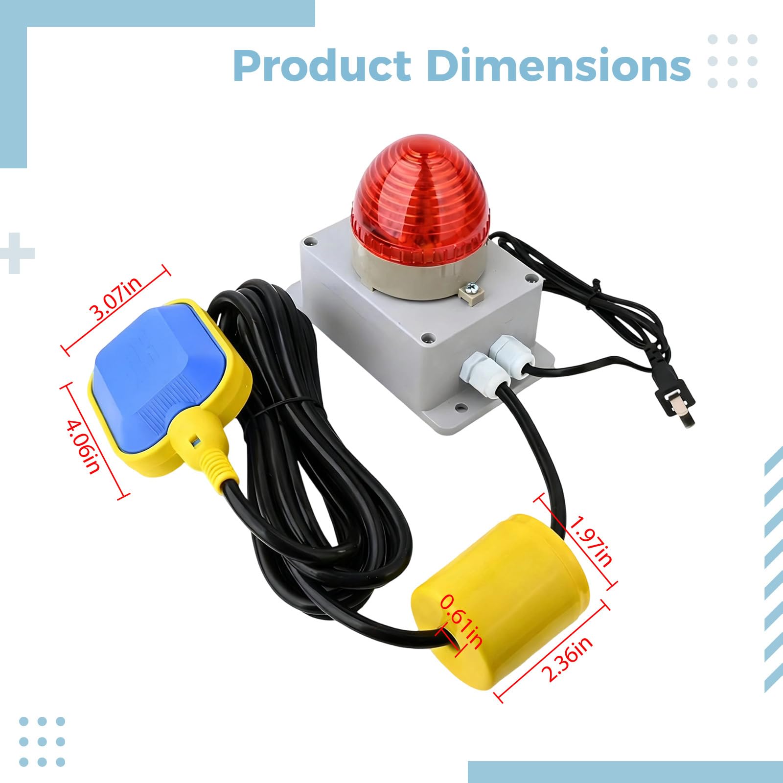220 V Wasserstandalarm, Schwimmerschalter im Lieferumfang enthalten, 5 m Kabel, akustischer und visueller Alarm, 5,9 x 3,5 x 5,6 cm für Tanküberwachung