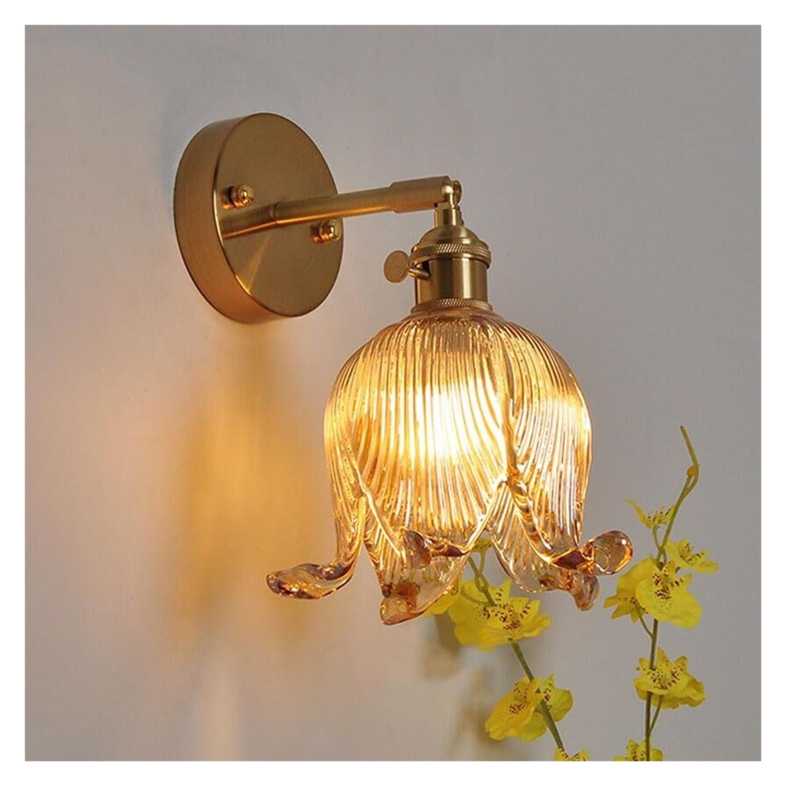 KHUKHU Glass Flower Pendant Light Lily of The Valley Decorative Chandelier with Adjustable Cable E27 Lamp Holder Single Lamp Light Fixture(Amber,Wall Lamp)