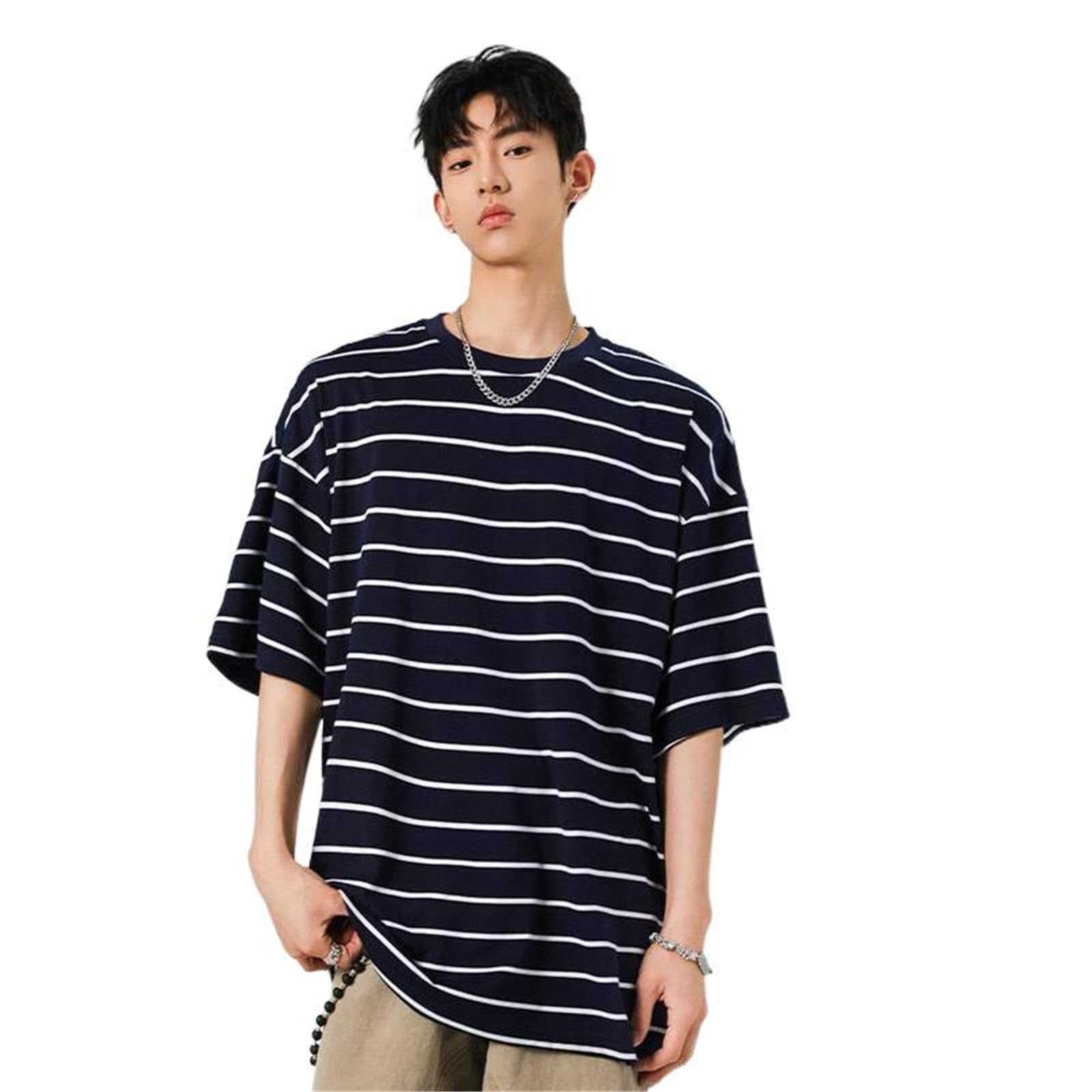 T-Shirt Uomo Estate Stile Coreano Righe Casual Manica Corta