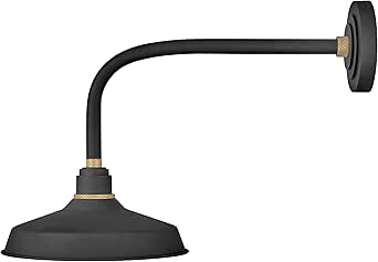Hinkley Foundry Classic Medium Straight Arm Barn Light, Aluminum, Dark Sky Compliant, Industrial, 23.75" Extension, 12" Shade, Textured Black Finish with Brass Accent