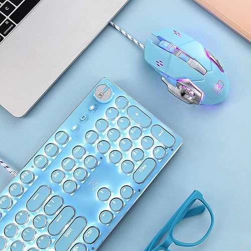 Miniatura 5 de Basaltech Combo de teclado mecánico y mouse para juegos, teclado retro steampunk estilo máquina de escribir vintage con retroiluminación LED,