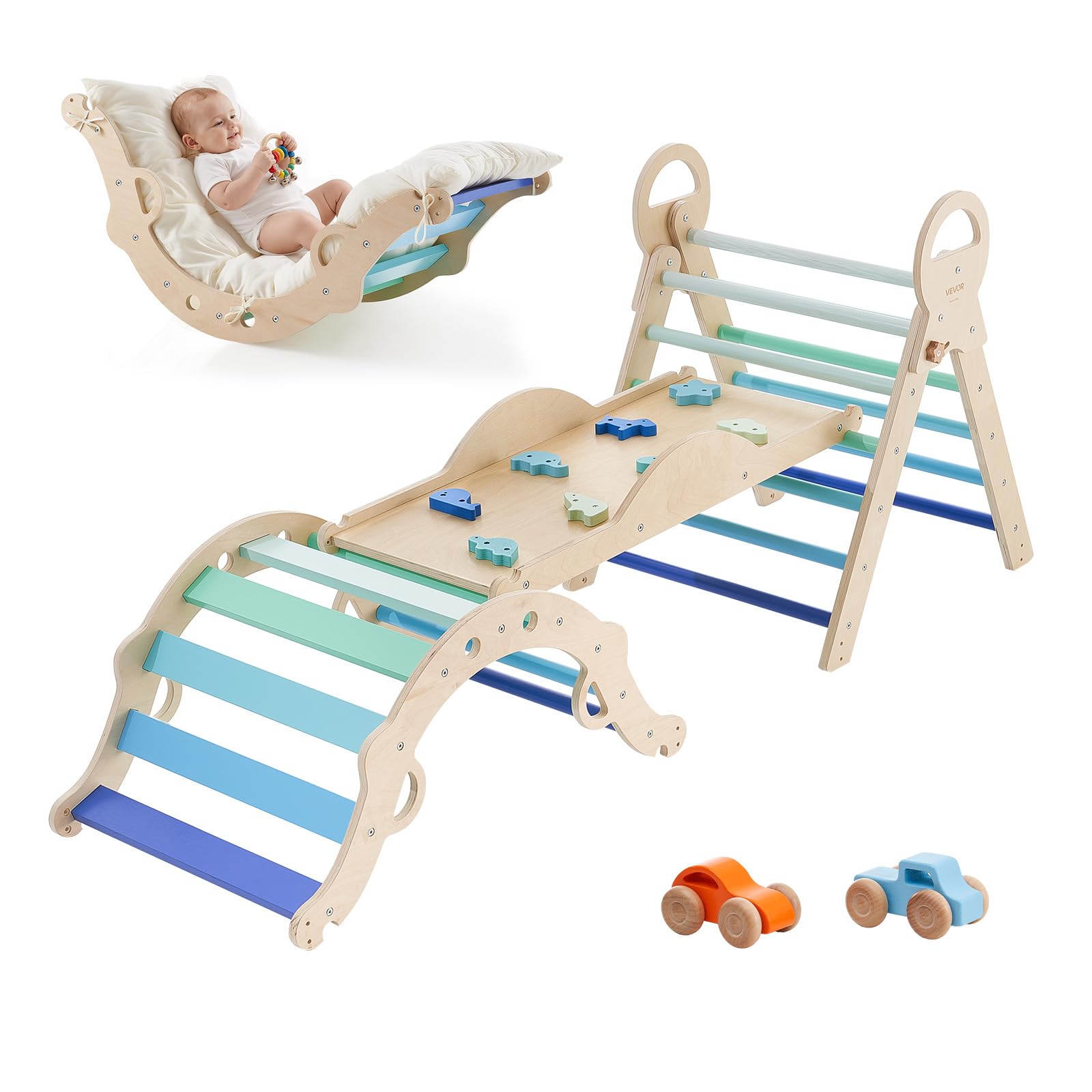 VEVOR Kletterdreieck 9-in-1 Kletterspielzeug mit Holzautos, Kissen, Rutsche & Kletterbogen, bis 68 kg, Montessori Indoor Spielset für Kinder 1-3 Jahre, Blau