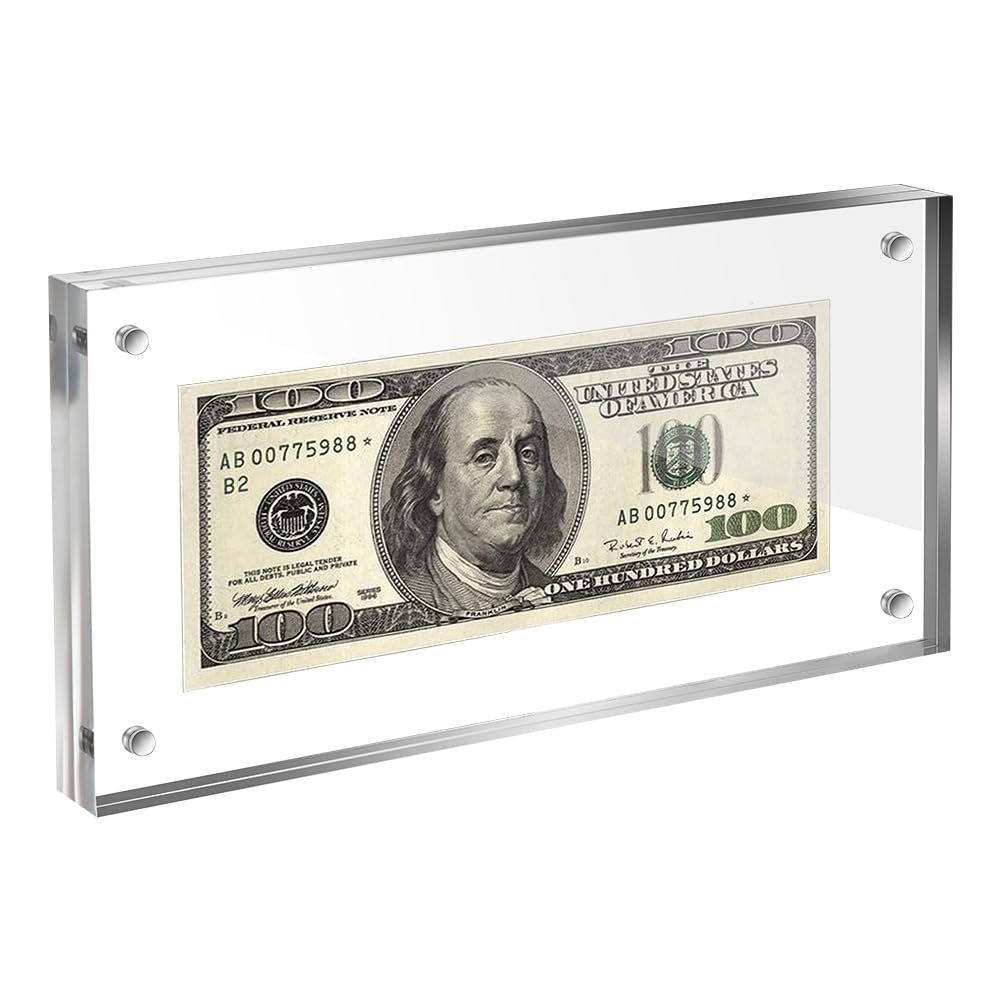 AHANDMAKER Marco de billetes de dólar acrílico autónomo para exhibición de monedas, marco de fotos de licencia comercial de doble cara, 7.9 x 3.9 pulgadas