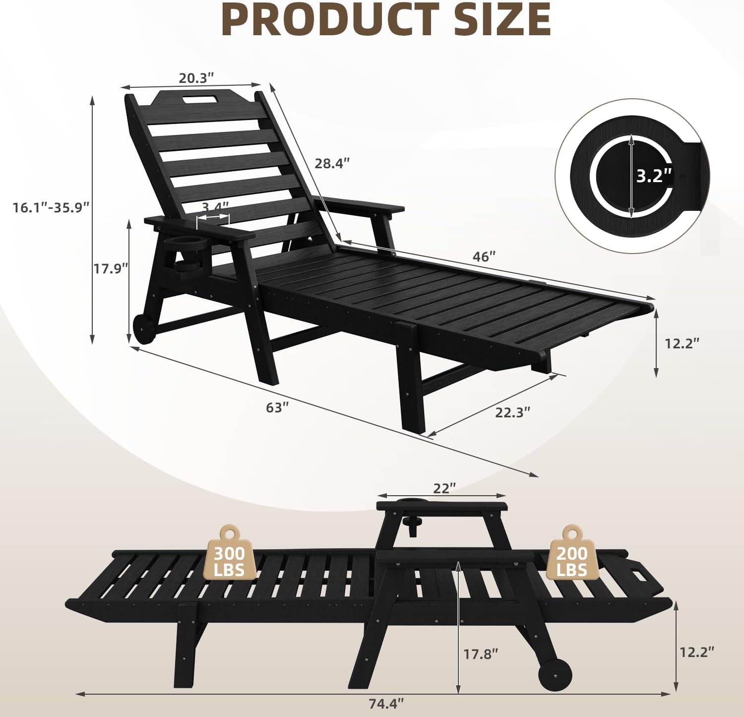 Mdeam 6-Position Lounge Chair Outdoor, 22" W Oversized Sun Tanning Chair, 500LBS Capacity, HDPE All-Weather Patio Lounge Chaise with Wheels Cup Holder for Pool Beach Backyard Lawn Deck, Black