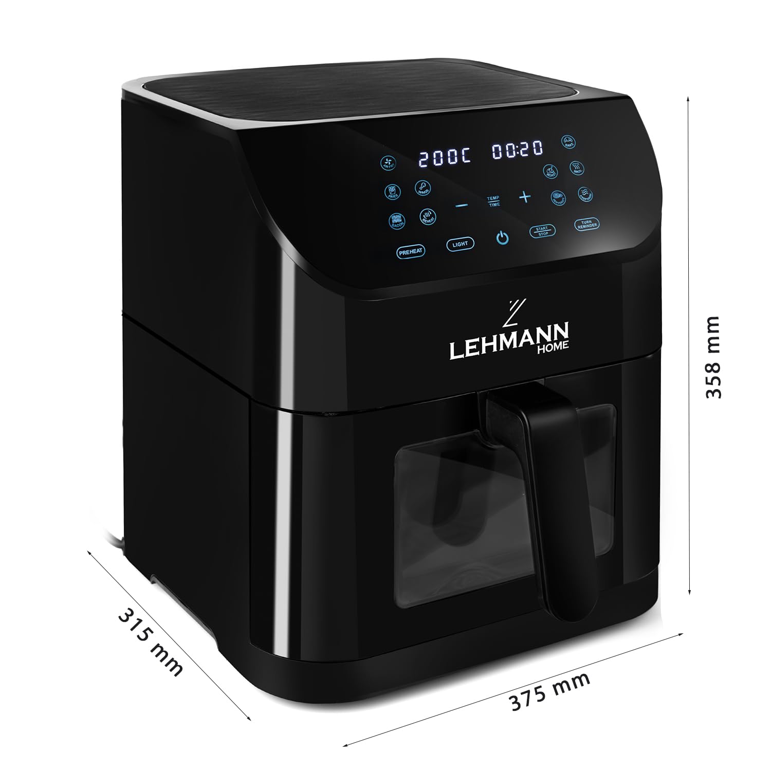 LEHMANN Friggitrice ad Aria 8 Litri, Air Fryer XXL con Inserto Divisorio per Doppio Scomparto, Finestra di Visualizzazione, 12 Programmi & Regolazione Manuale 76–200°C, Lavabile in Lavastoviglie