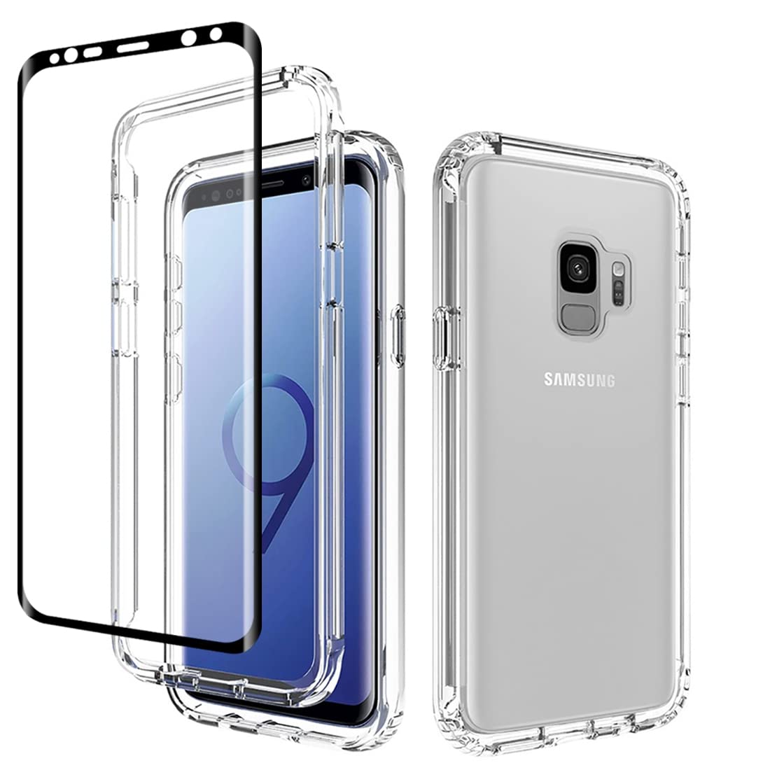 Tothedu Phone Case for Galaxy S9 Case, Samsung S9 SM-G960U Case with Tempered-Glass Screen Protector, Clear Full Body Protective Hard PC Shell TPU