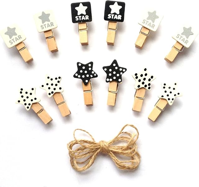 LWR CRAFTS Wooden Mini Clothespins Stars 24 Pieces and Jute Cord 2.4m