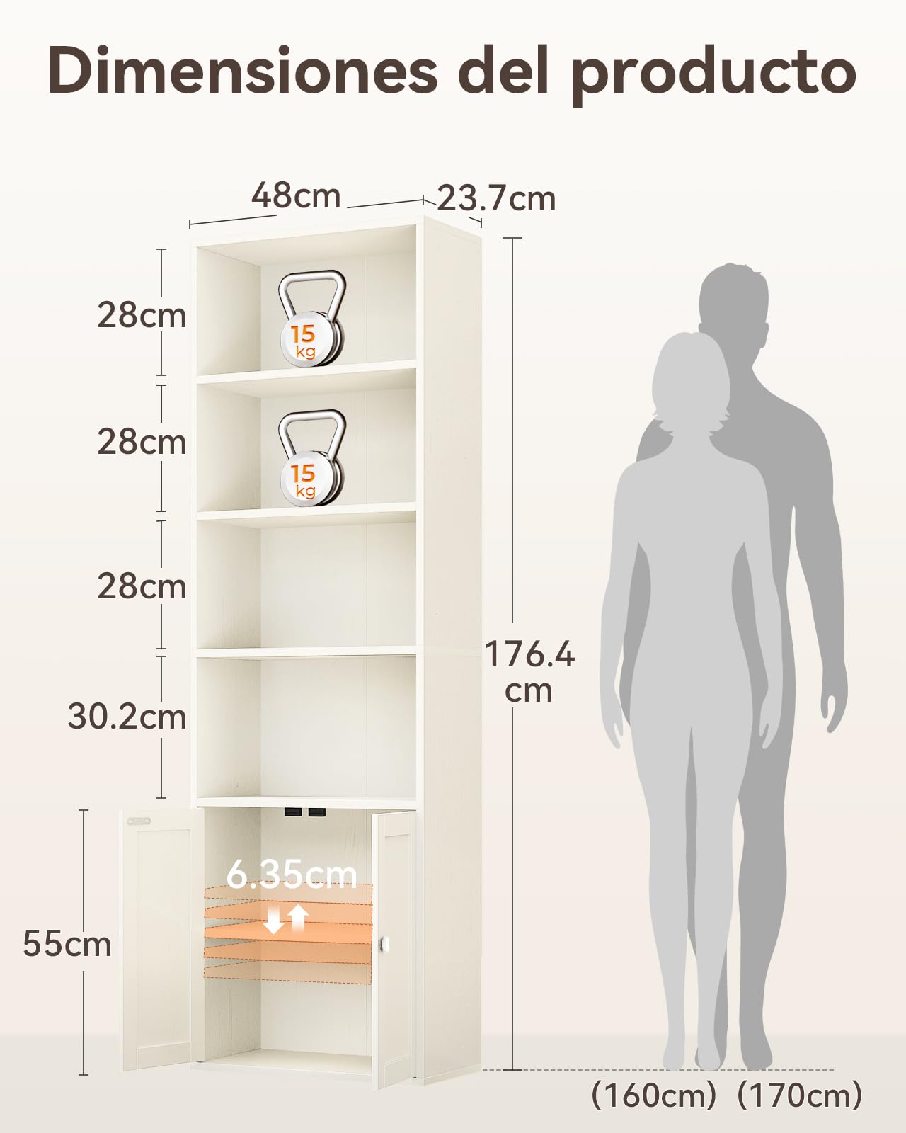 Coleshome Estantería Libros, Librería de 6 Niveles con Puertas y Armario, Estantería de Pie para Salón, Dormitorio, Oficina, Almacenamiento y Exhibición, Blanco, 48 x 24 x 176.4