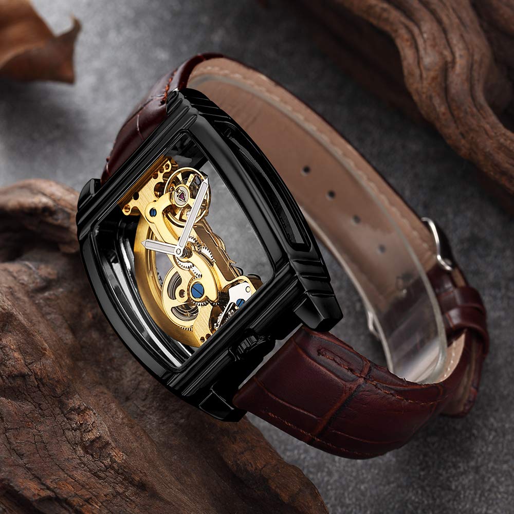 Reloj mecánico automático transparente para hombre, diseño de esqueleto steampunk, correa de cuero, reloj masculino montre Homme, Marrón y negro, Correa