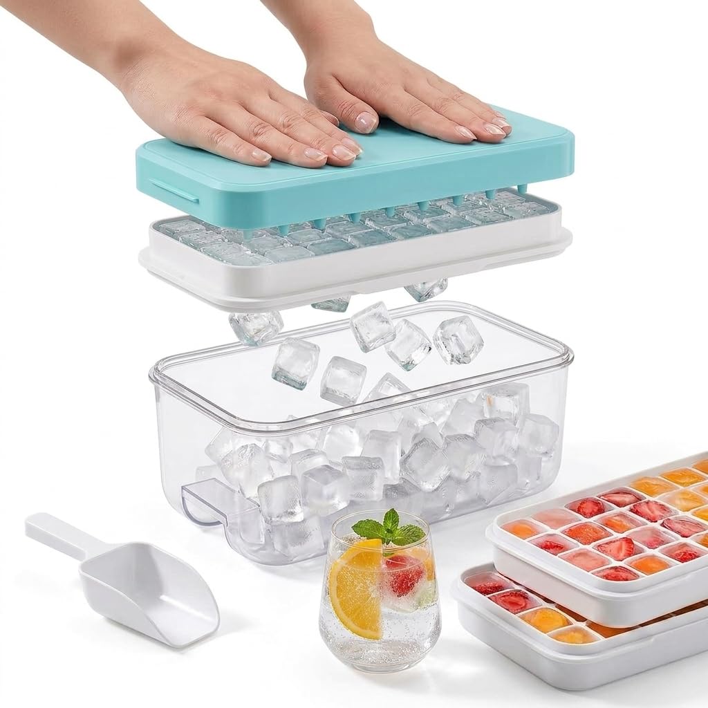Ice Cube Tray with Storage, Evitany Food-Grade Silicone Ice Cube Moulds with Container Easy-Release 64 Small Ice Cube Tray Stackable Reusable Ice Trays for Freezer, Blue