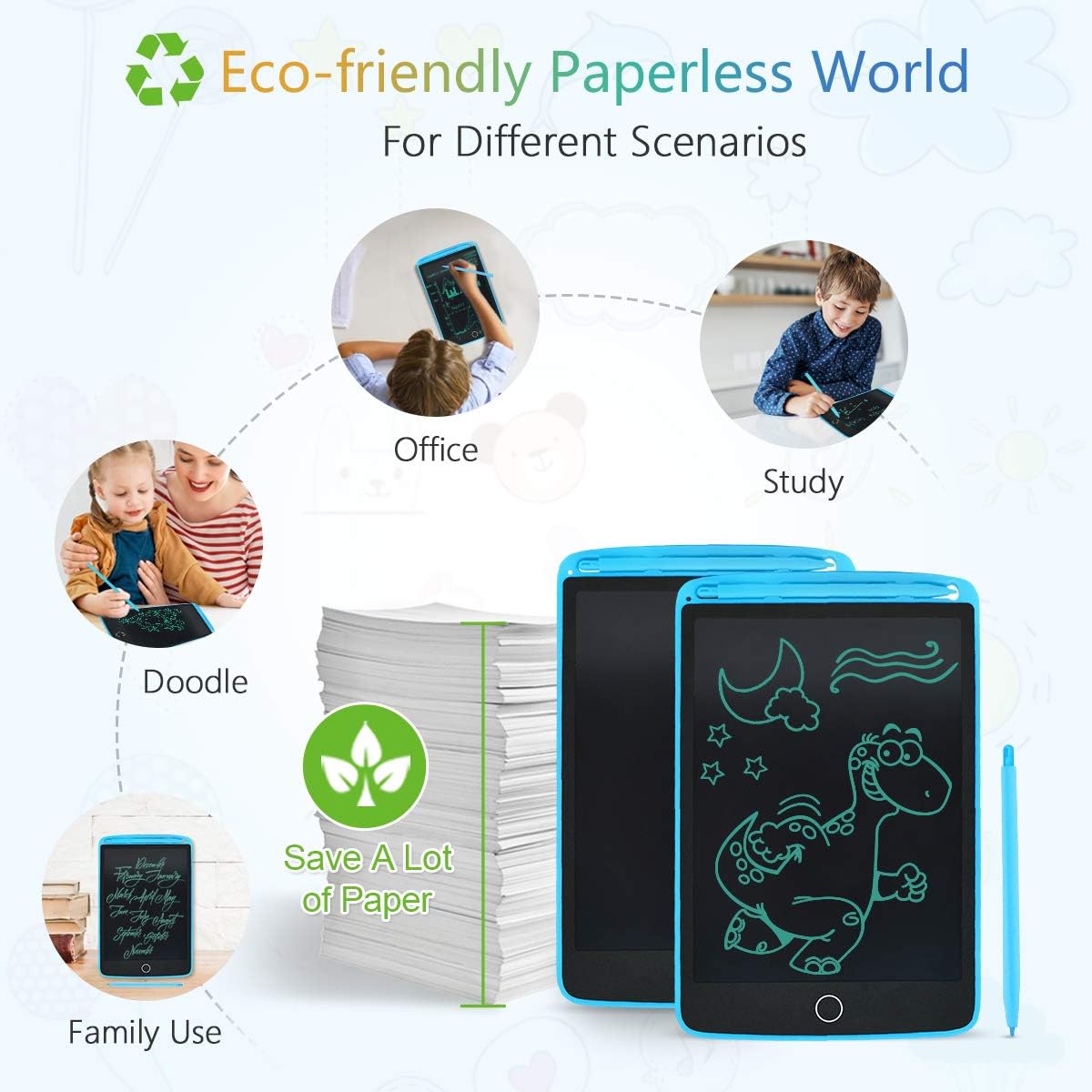 2 Packs LCD Writing Tablets for Kids, Drawing Doodle Board 8.5 Inch Electronic Graphics for Children, Portable Digital eWriter Blue+Blue