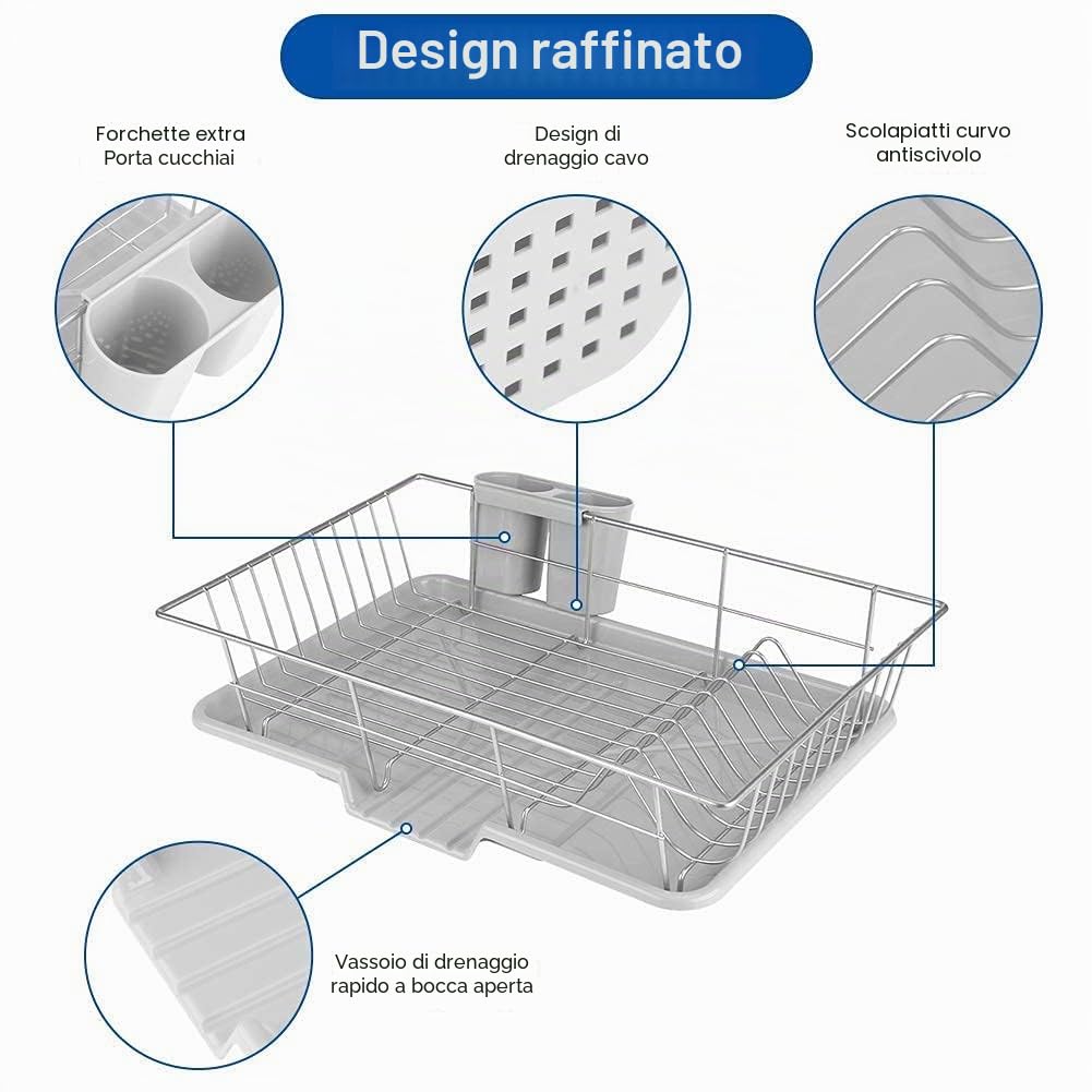 Scolapiatti in Acciaio Inossidabile, Scolapiatti da Lavello con Sgocciola e Porta Posate, Scolapiatti da Appoggio per Lavello, Scolapiatti per Bancone da 48 x 30 x 11 cm