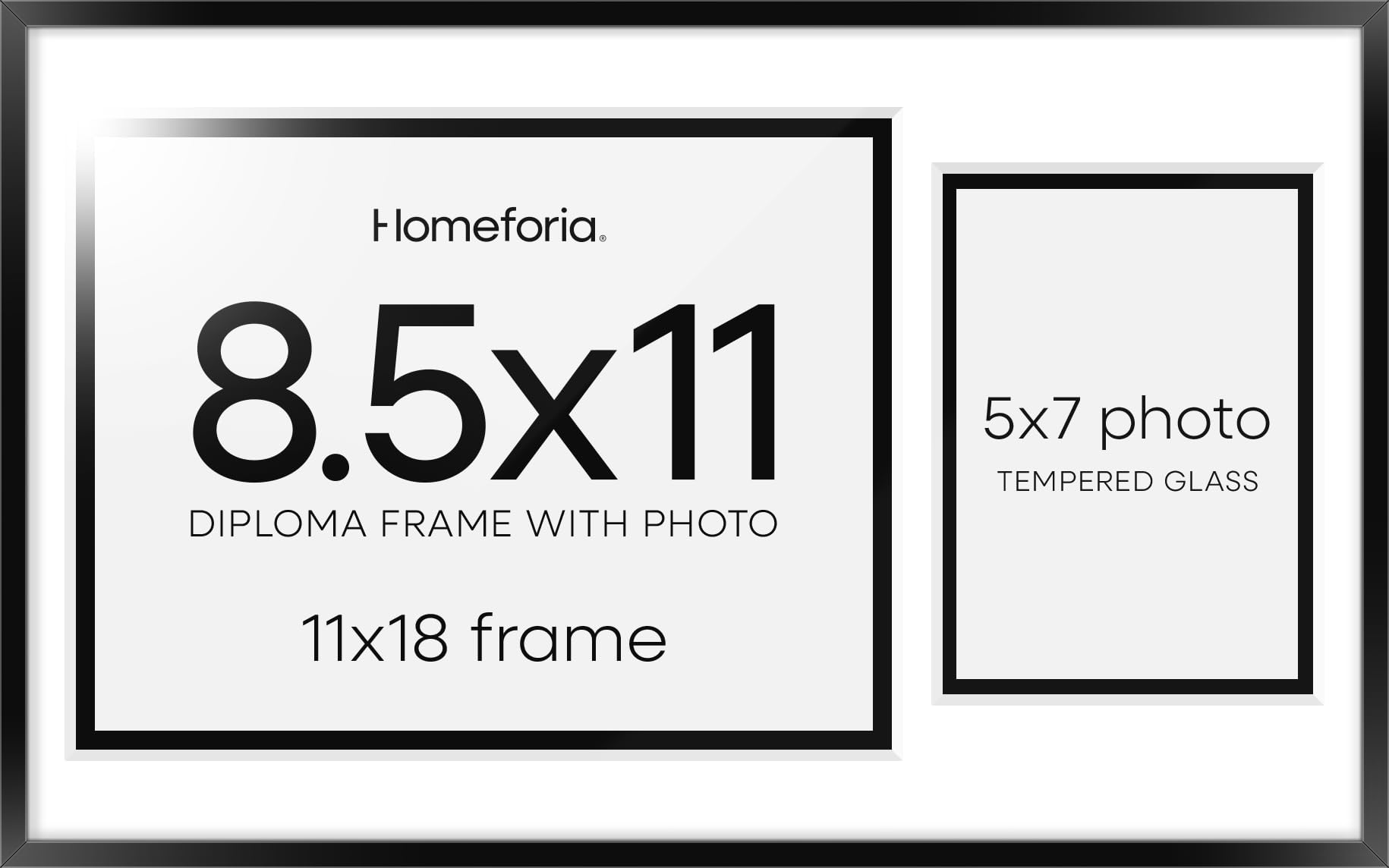 Homeforia 11x18 Black Diploma Frame with Photo, High End Metal 11 x 18 Certificate Frame with Mat for 8.5x11 Diploma and 5x7 Picture, 11by18 Award Graduation Frames, Tempered Glass, Wall Kit, Set of 2
