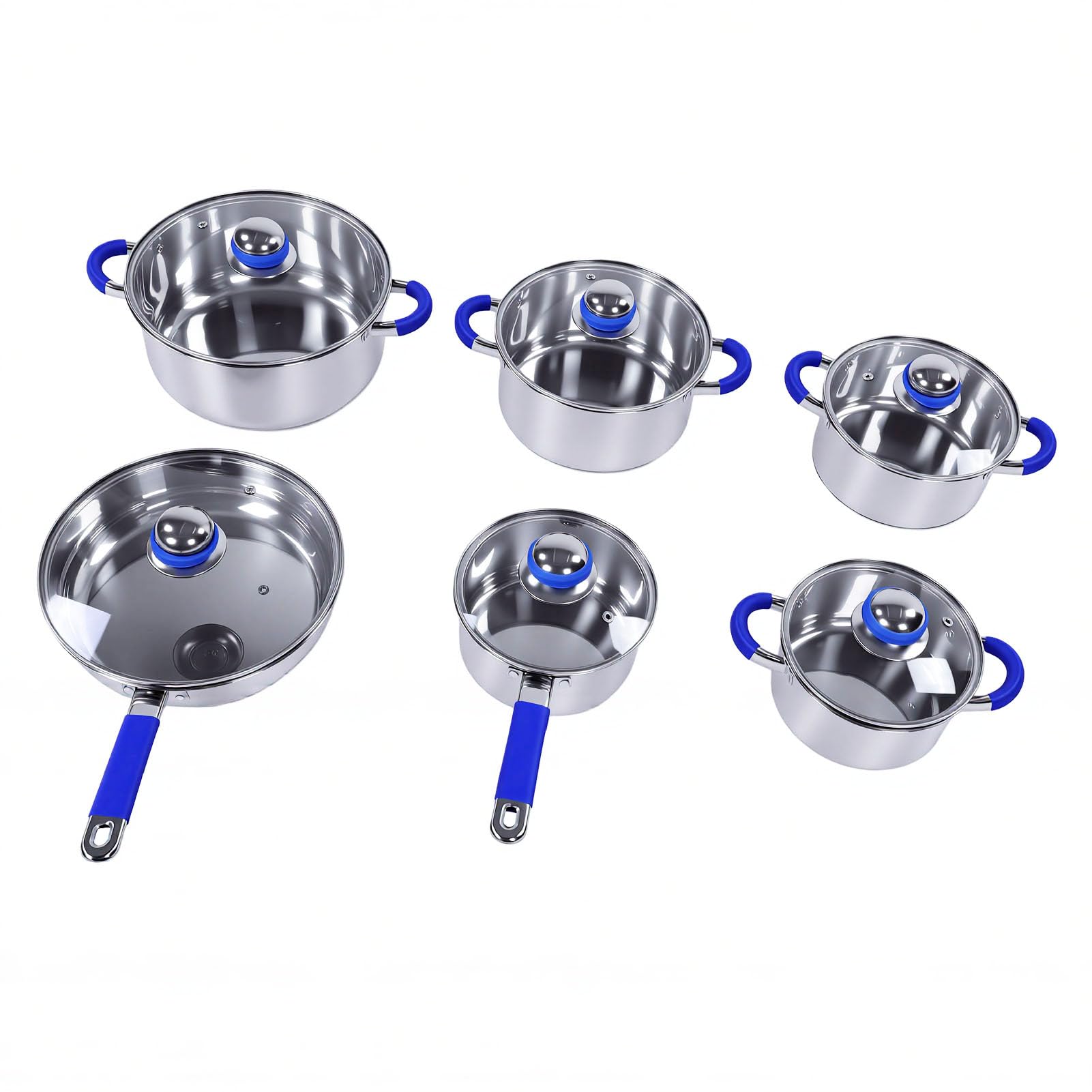 SUNGOOYUE Juego de Ollas de Acero Inoxidable Juego de Utensilios de Cocina de Acero Inoxidable 6 Ollas Base de Triple Capa, Cacerolas para Estufas de Inducción Eléctricas de Gas Universales (BLUE)