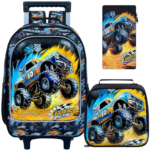 ZLYERT 3Pcs Cars Rolling Backpack for Boys, Kids School Backpacks with Wheels, Roller Bookbag with Lunch Box for Elementary Preschool(Black)