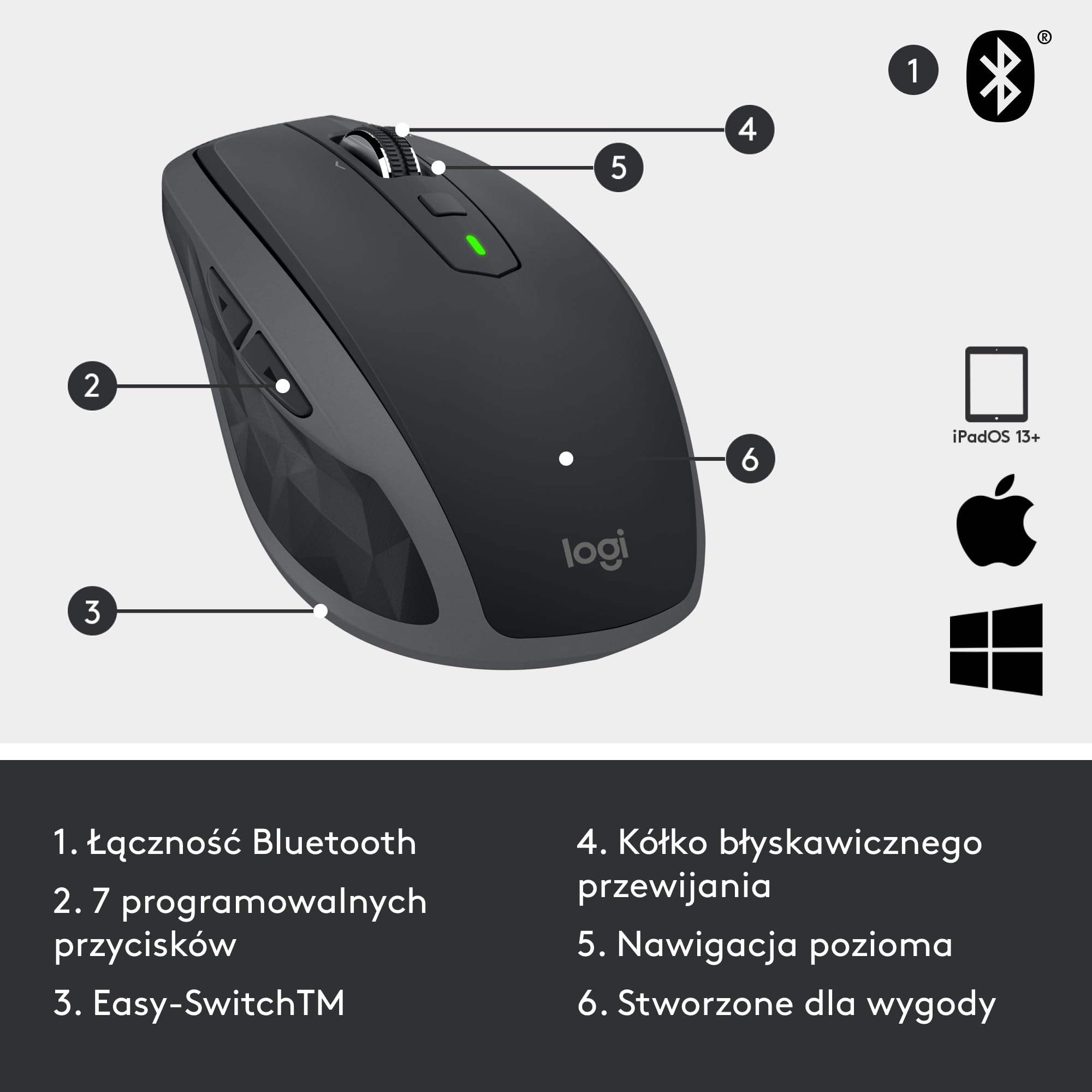 Logitech MX Anywhere 2S Mysz bezprzewodowa z Bluetooth, obsługująca wiele powierzchni, bardzo szybkie przewijanie, z akumulatorem, przenośna, obsługująca do 3 komputerów Mac/PC