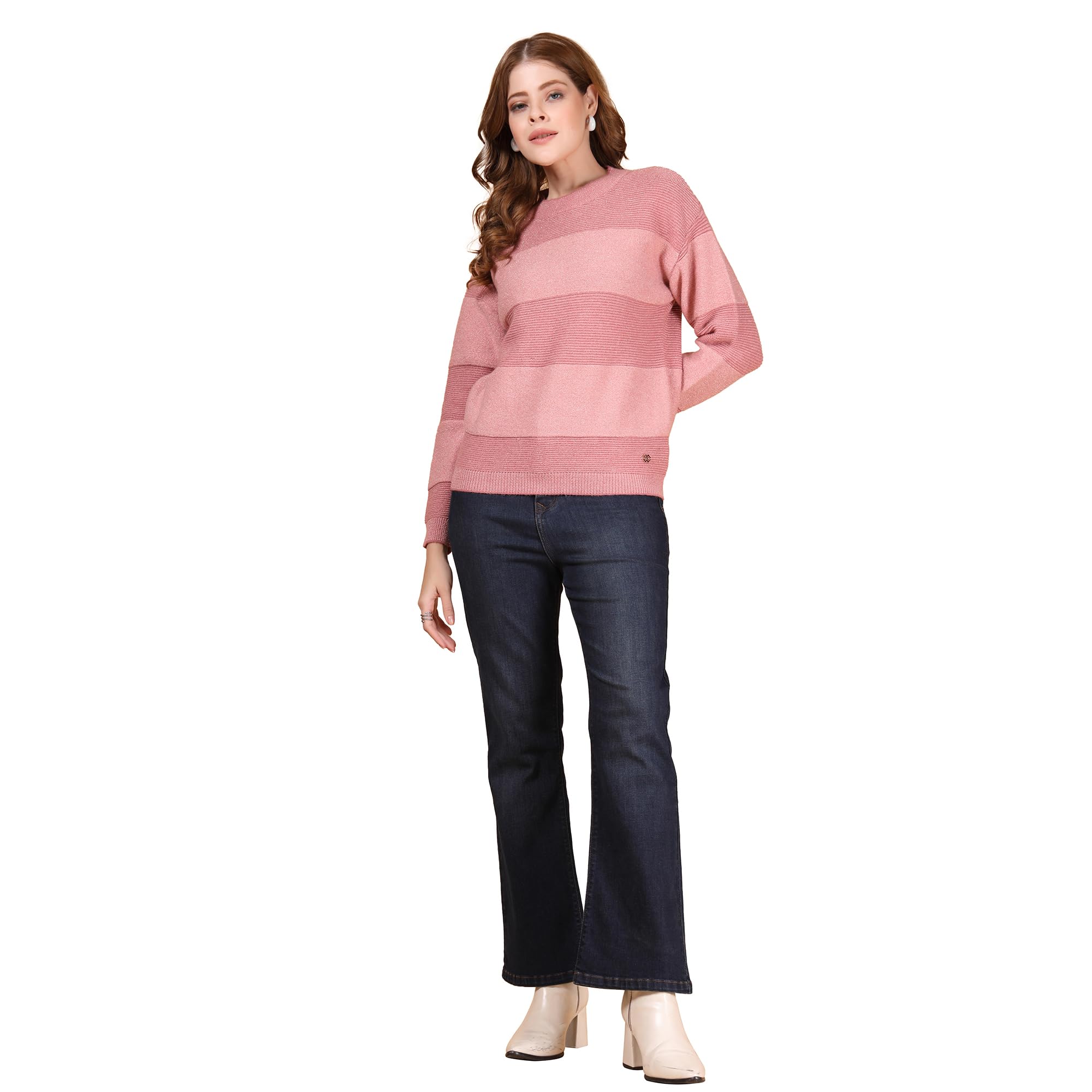 Women Striped Round Neck Woollen Pullover Peach_T5W 25224-image-14