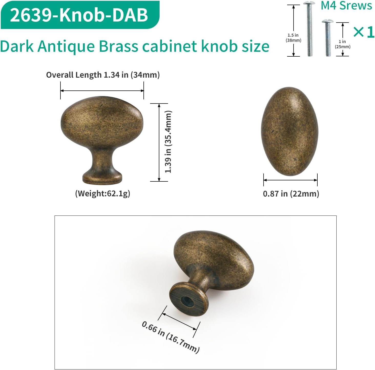 6 Pack Oval Cabinet Knobs, 1-1/3 Inch Zinc Alloy Drawer Knobs, Dark Antique Brass Cabinet Hardware for Kitchen Cabinets, Bathroom, Dresser and Vanity