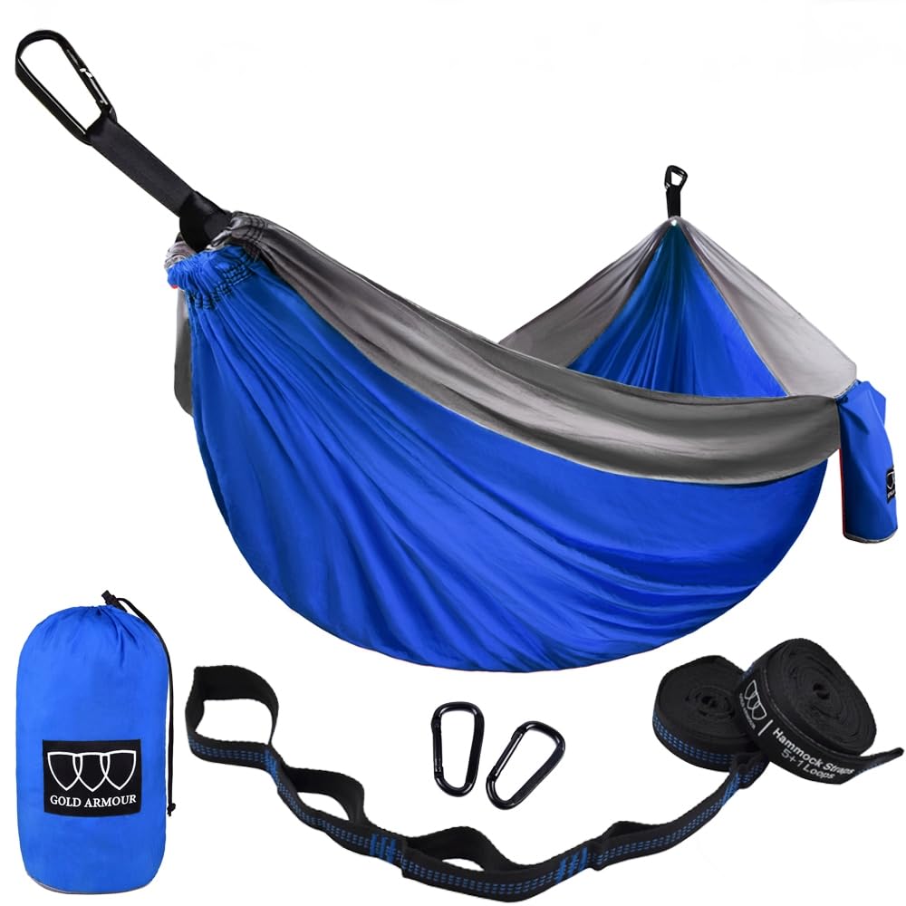 Gold Armour Camping Hammock - USA Brand Single Parachute Hammock (2 Tree Straps 10 Loops/20 ft Included) Lightweight Nylon Portable Adult Kids (Blue and Gray)
