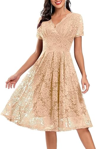 Generic Women Floral Lace V Neck Short Sleeve Formal Dress Swing A-Line Wedding Bridesmaid Cocktail Party Midi Dresses (AU, Alpha, Large, Regular, Regular, Apricot)