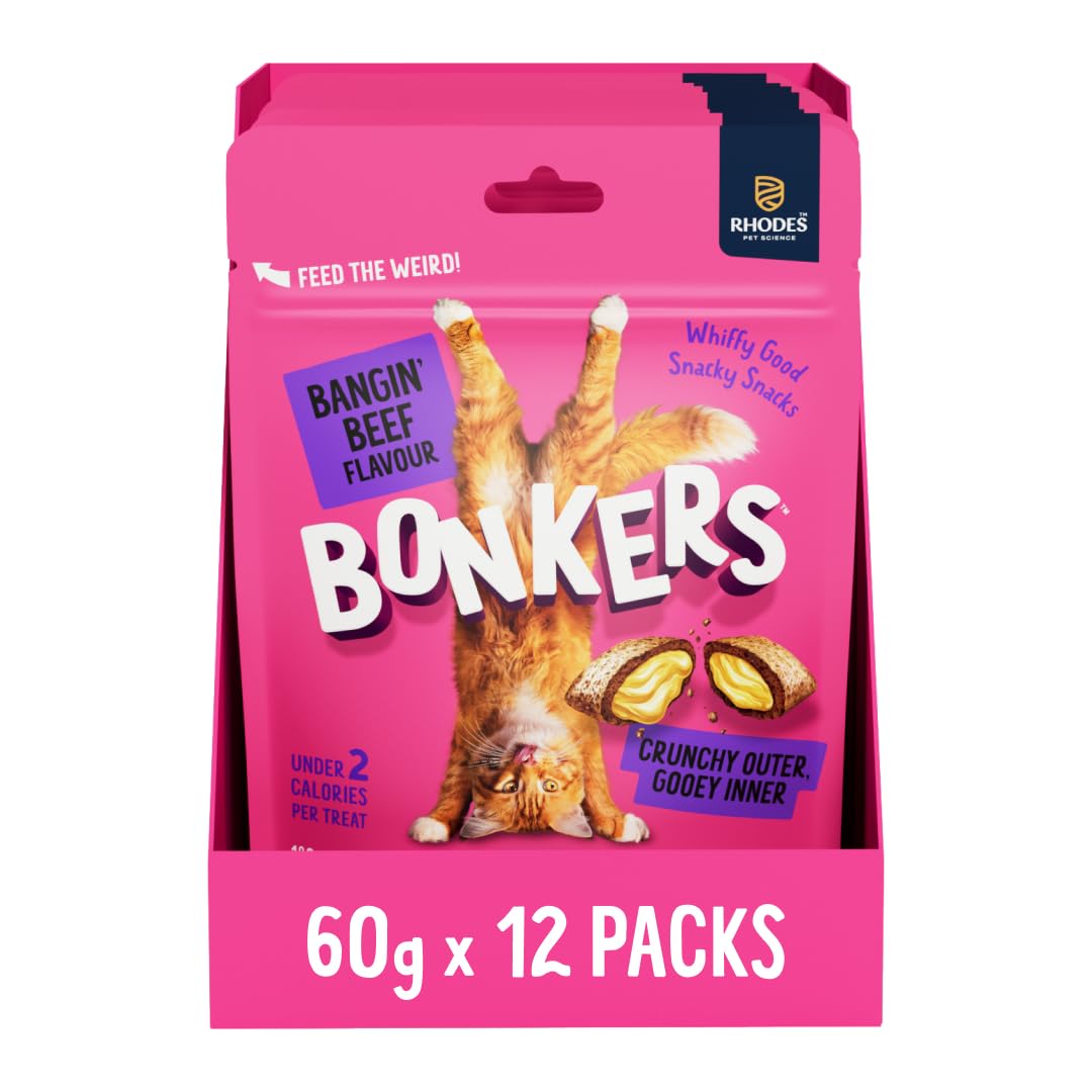 BONKERS Cat Bites 12 x 60 g, Crunchy & Soft Bangin' Beef Flavoured Pet Treats