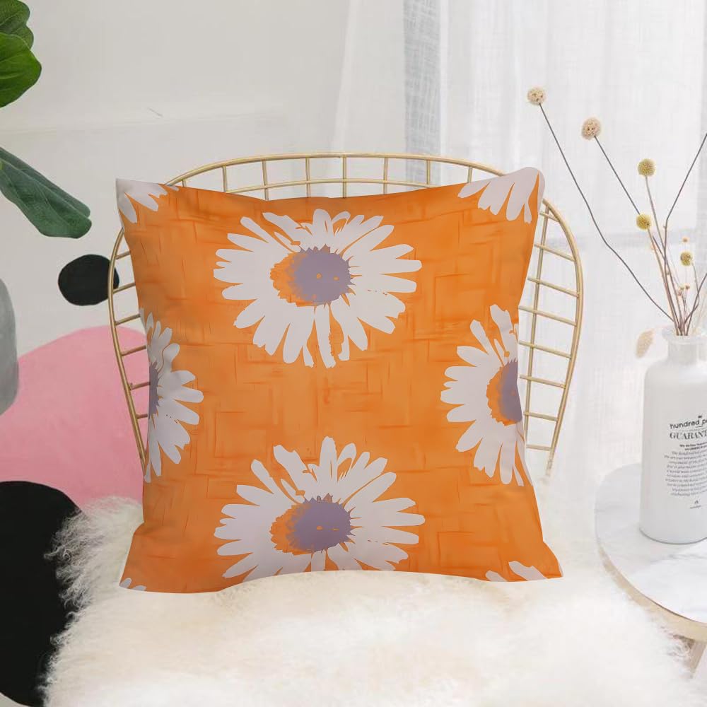 HYMSXW Cushion Cover,Throw Pillow Case Home Decorative for Living Room Bedroom Sofa Chair 20X20 Inch,Daisy design, repetitive design of white daisies, purple center on orange, text,Pillowcase 50X50cm