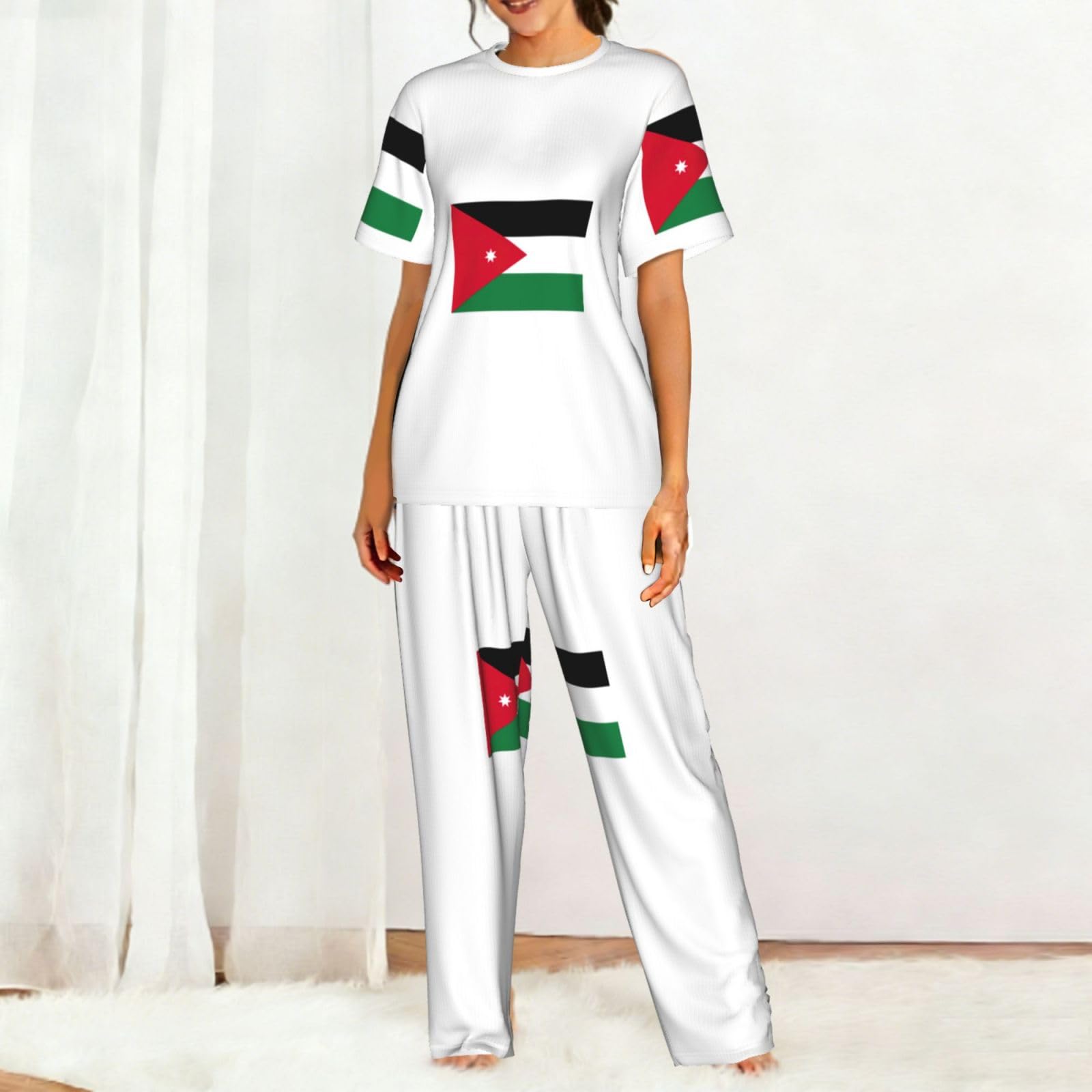 Jordanian Flag Print damska piżama z krótkim rękawem zestaw bielizna nocna lato miękka wygodna domowa bielizna nocna