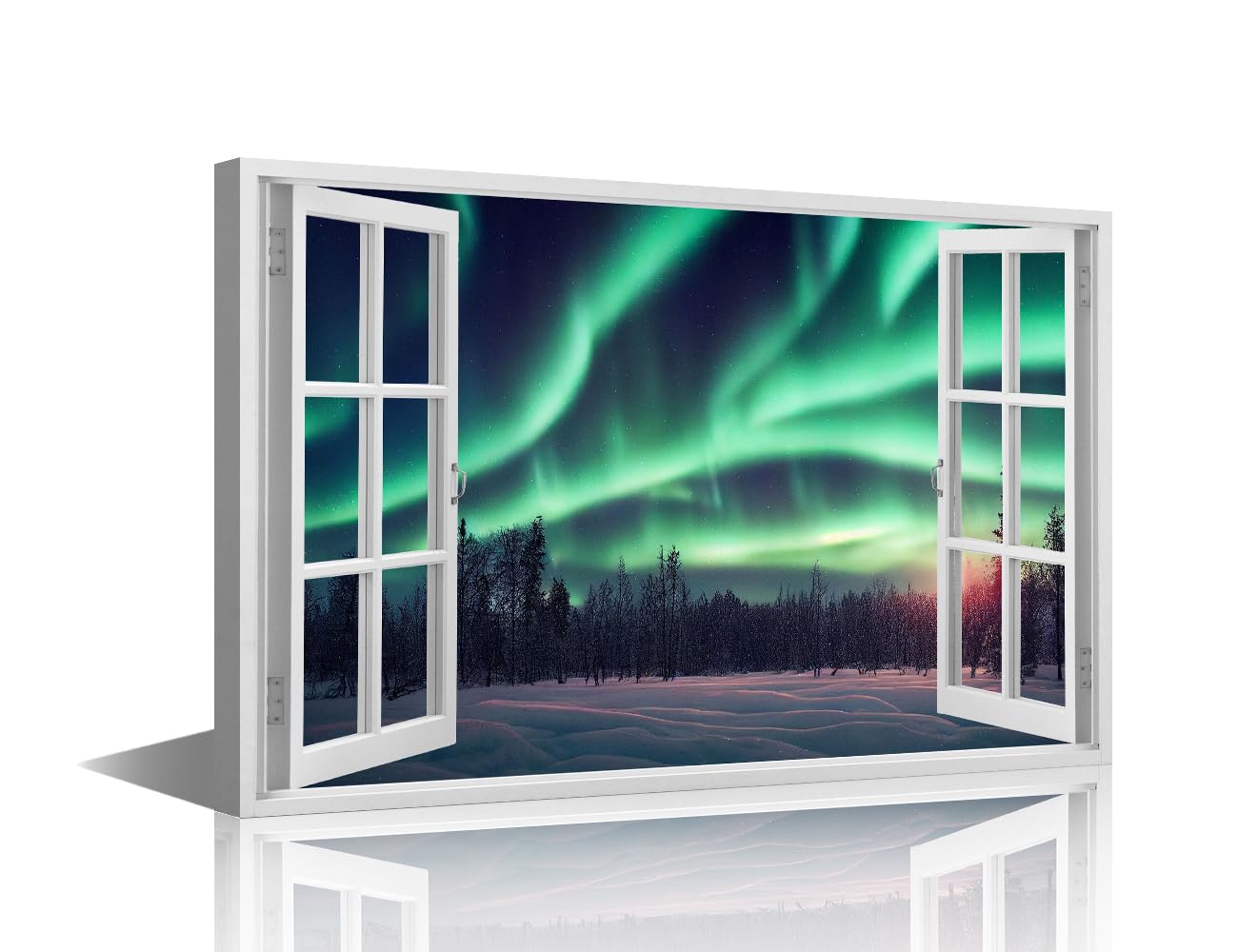 TISHIRON Wall Decor Northern Lights Canvas Wall Art 3D Window Effect Modern Artwork for Office Forest Picture Print on Canvas Framed Ready to Hang for Living Bedroom Home, 24x16in