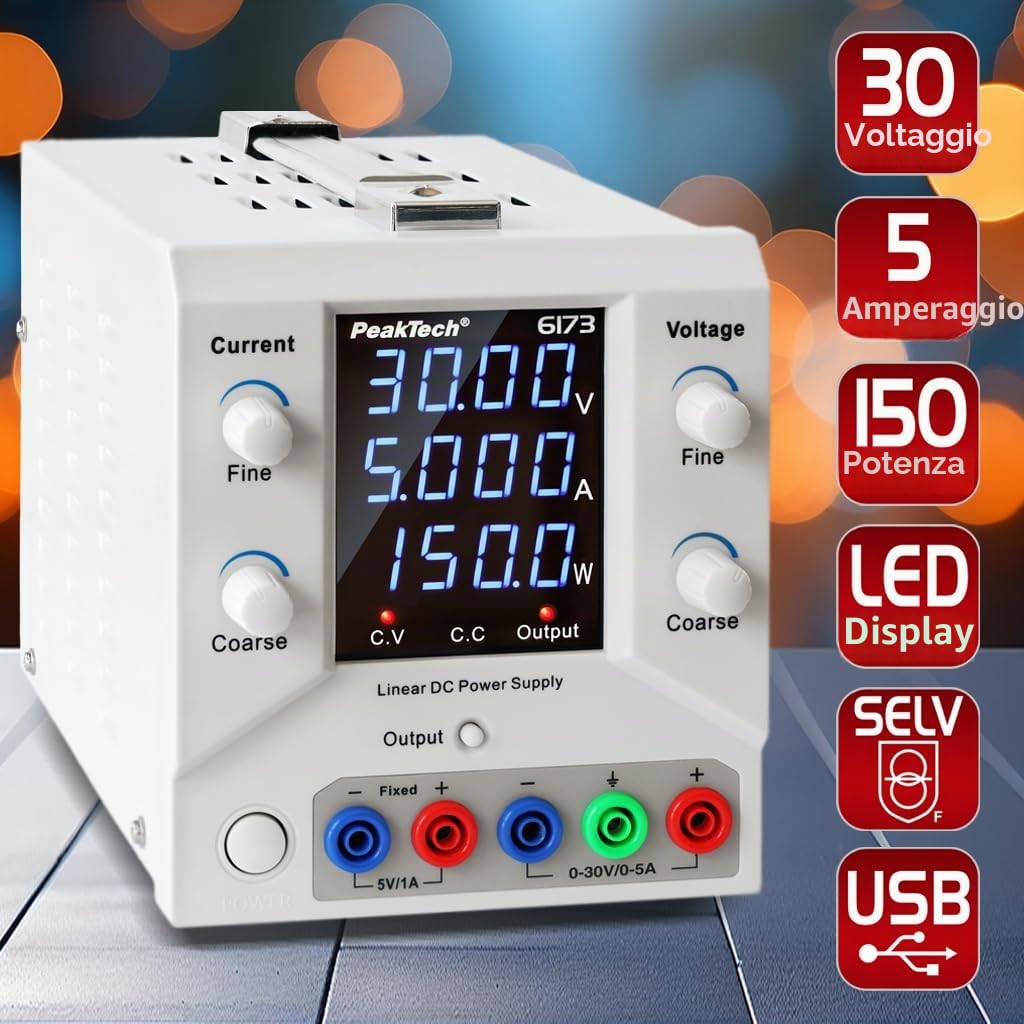 PeakTech 6173 - Alimentatore da laboratorio 0-30 V / 0-5 A DC SELV lineare con trasformatore di isolamento, alimentatore da laboratorio con USB e software