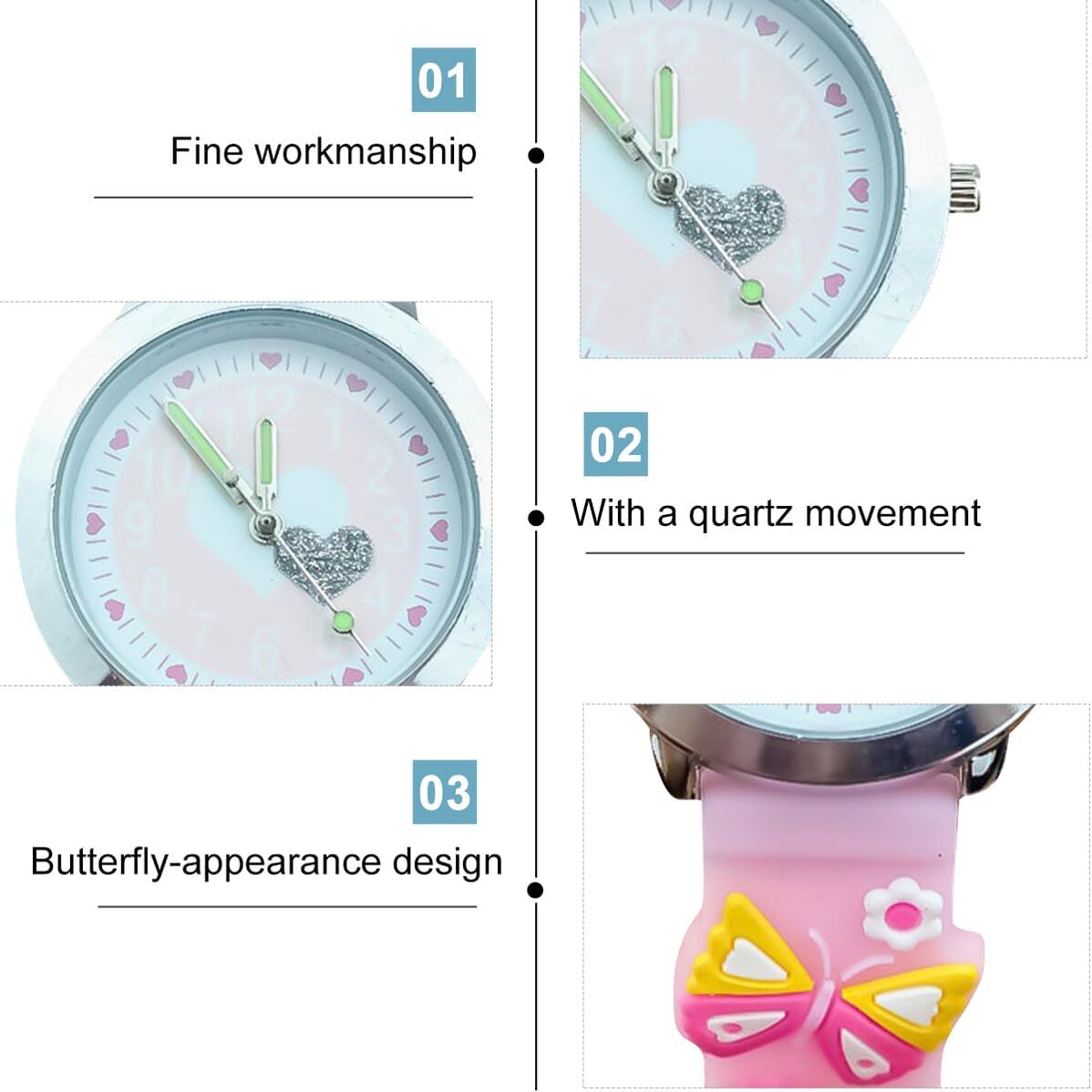 VALICLUD Cartoon Watch with Butterfly and Pink Heart Design Colorful Glow Night Light Quartz Wristwatch for Comfortable and Fashionable Timepiece for Boys
