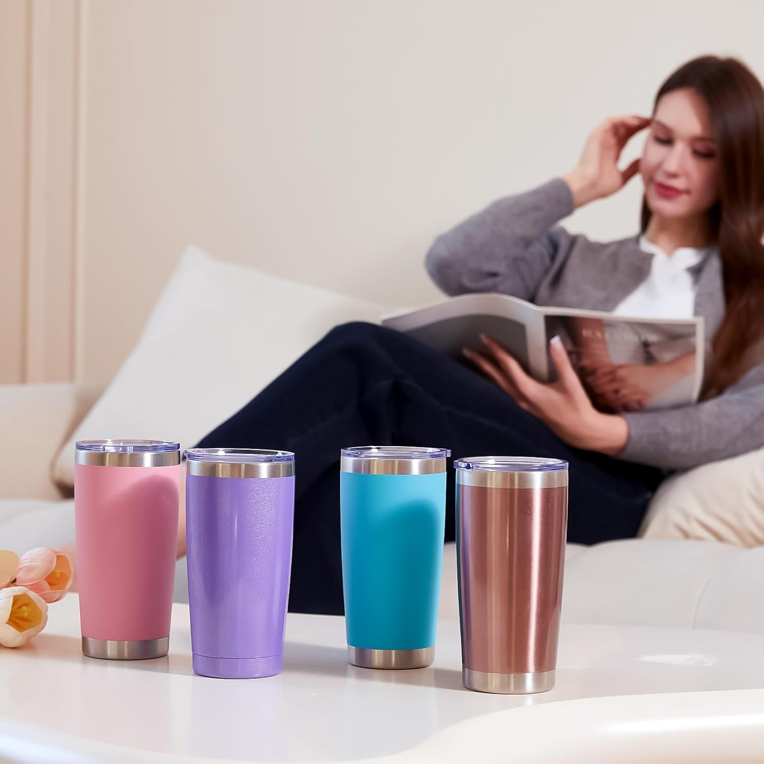 MEWAY 20oz Tumbler 8 Pack Double Wall Vacuum Insulated Travel Mug Bulk, Mix Color Stainless Steel Tumblers with Lid and Straw, Durable Powder Coated Coffee Cups for Cold & Hot Drinks(Color Mix, 8 - Image 8