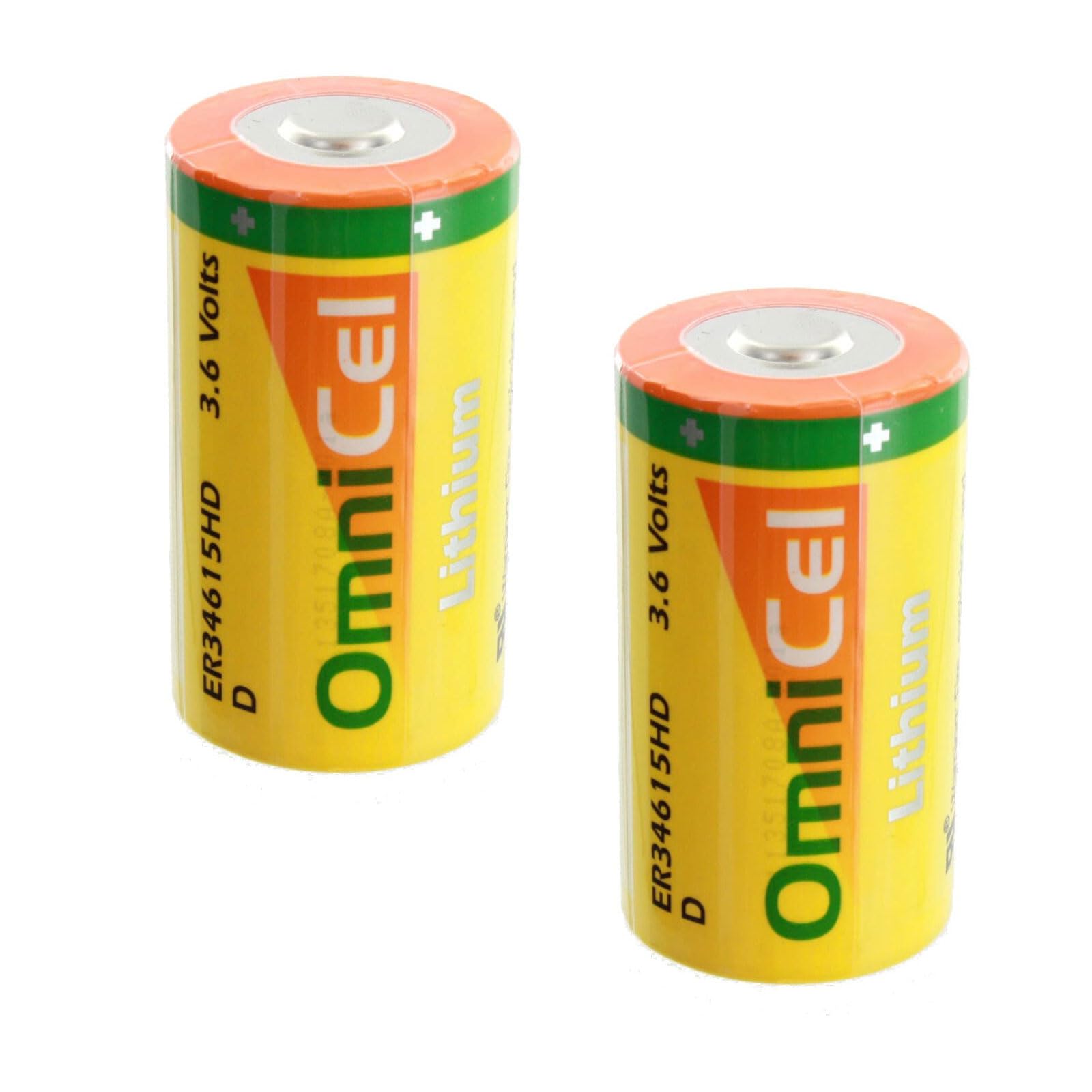 2x OmniCel ER34615HD 3.6V 13Ah Size D Lithium Standard Terminal For Smoke Alarms, Carbon Monoxide Detectors, Intrusion Sensors, Invisible Fencing, Emergency Backup, Data Collection