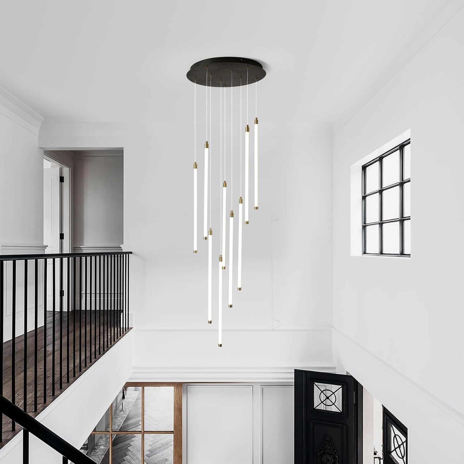 Żyrandol nowoczesny LED schody 9 świateł długi przedpokój lampa wisząca do wysokiego sufitu czarny liniowa lampa wisząca z pilotem ściemnialne oświetlenie wysokiego sufitu do schodów salon we