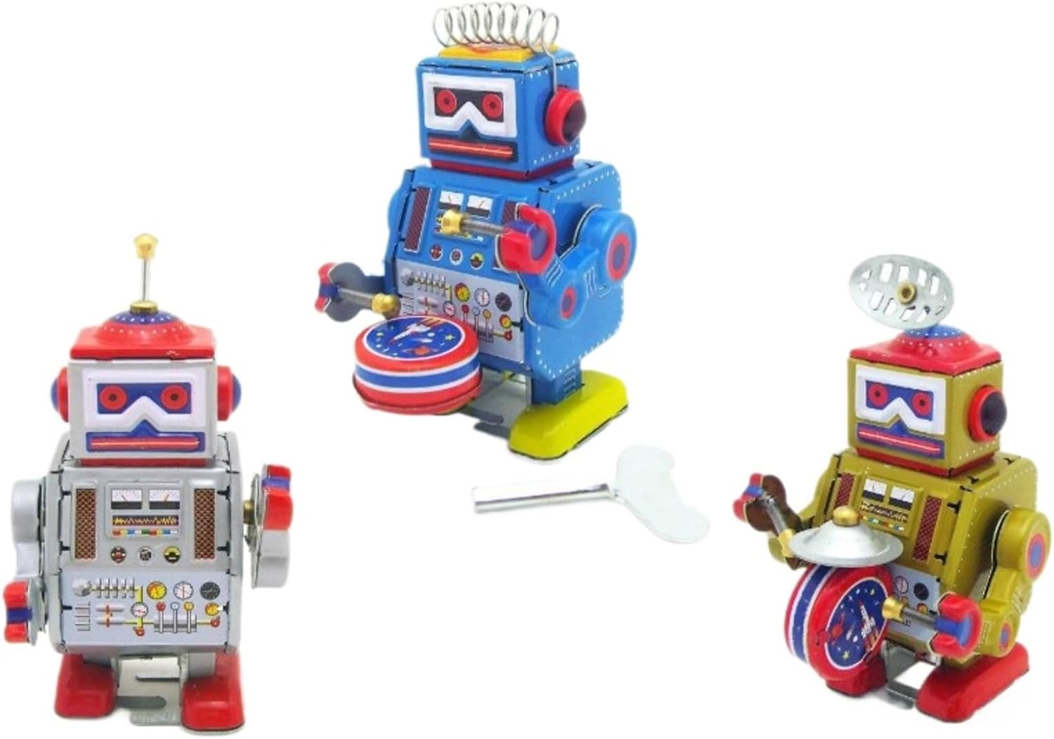 Tin Toy Drum Beating Robot Figury Nostalgic Spring & Wind-Up Walking Robots Toy for Collectors 3PCS Pack