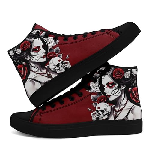 Tênis unissex moderno com caveira, cano alto, clássico, com cadarço, tênis hip hop, casual, hip hop,