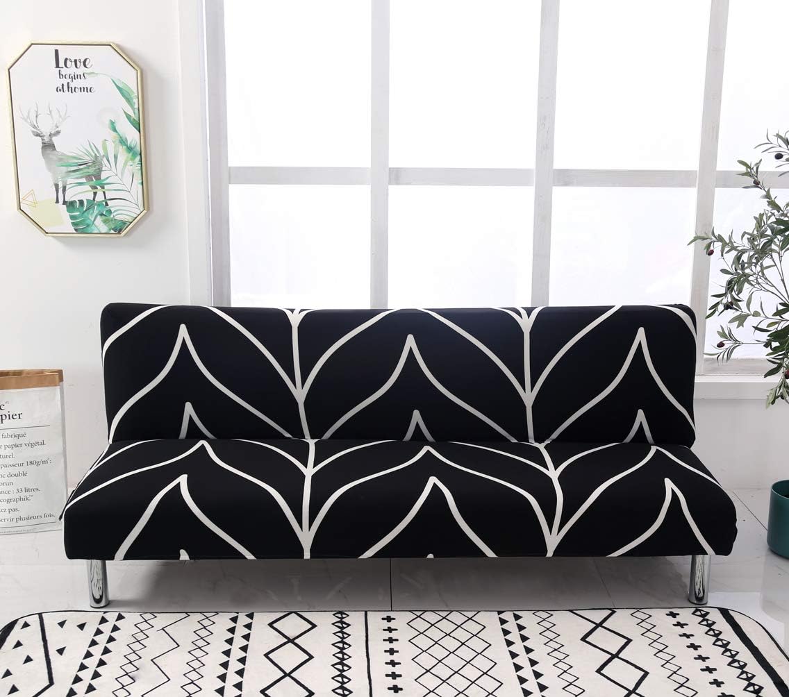 MIFXIN Armless Sofa Cover Futon Slipcover Stretch Spandex Printed Folding Sofa Bed Non-Armrest Couch Furniture Protector Washable Sofa Cover Without Armrests (Black+White)