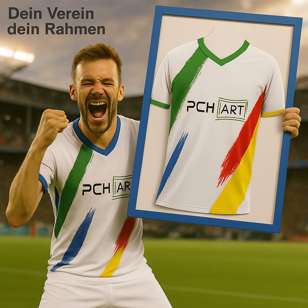 Trikotrahmen mit Drehtür in Vereinsfarben|Farbe: Blau-Rot|Rückwand weiß|UV-Schutz Kunstglas|MDF Rahmen|Magnetverschluss|für Fußballtrikots & Fanartikel