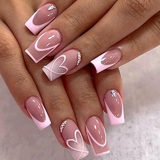 Ceboic 24PCS Nägel Zum Aufkleben Mittel, Ballerina Rosa French Press on Nails, Natürlich Quadratische Künstliche Fingernägel mit Herz Strass, Wiederverwendbar Full Cover Falsche Nägel für Damen