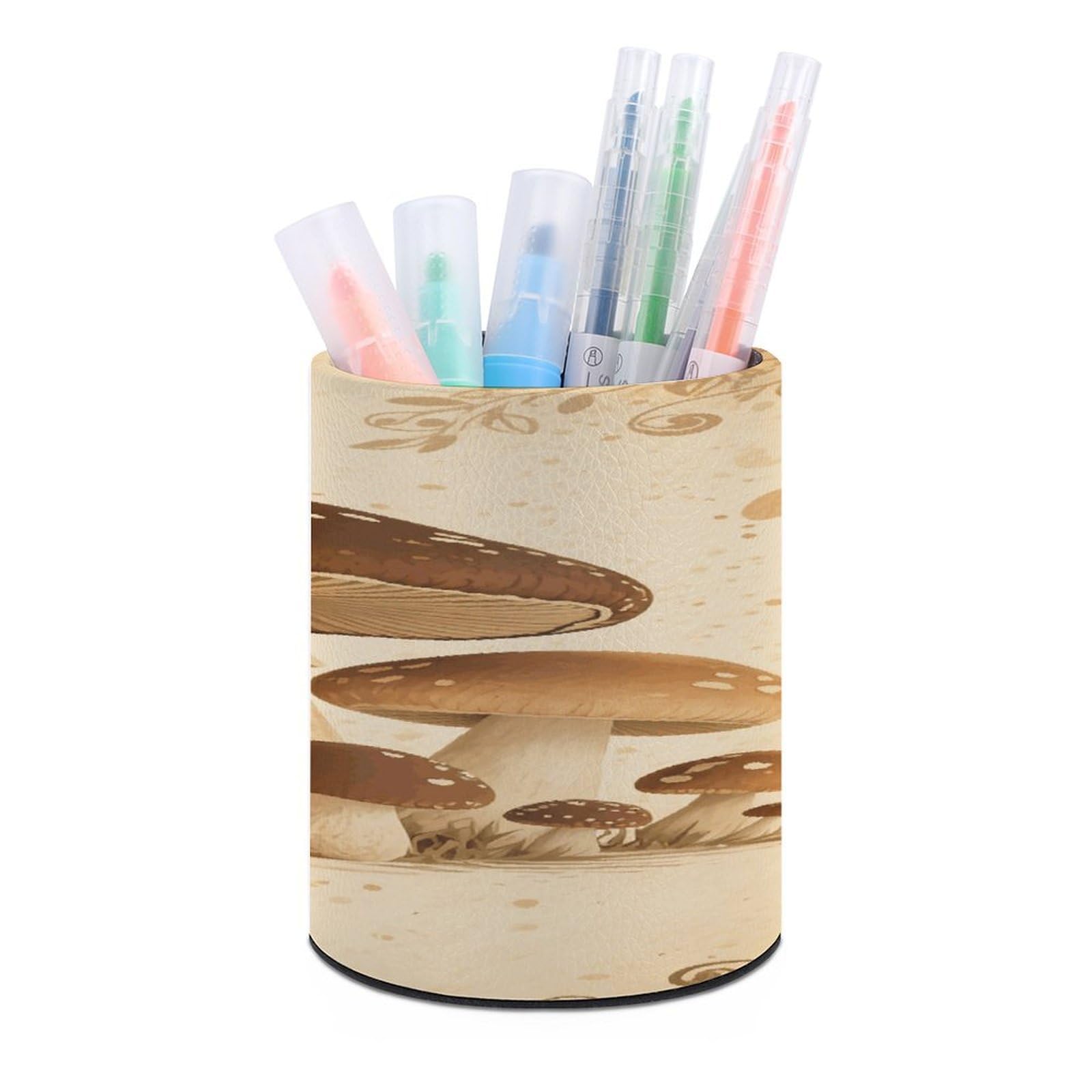 VstaDank Vintage Mushroom Pen Holder PU Leather Pencil Cup Minimalist Desk Pencil Holder Round Make Up Brush Organizers For Office Dorm Room&Vanity Desk Accessories