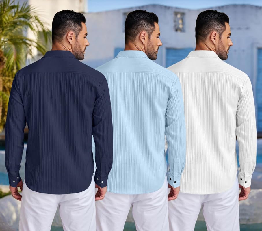 Image of FINIVO FASHION Combo of Men's Casual Cotton Plain Button Down Shirt Long Sleeve Textured Summer Beach Shirt for Men Pack of 3